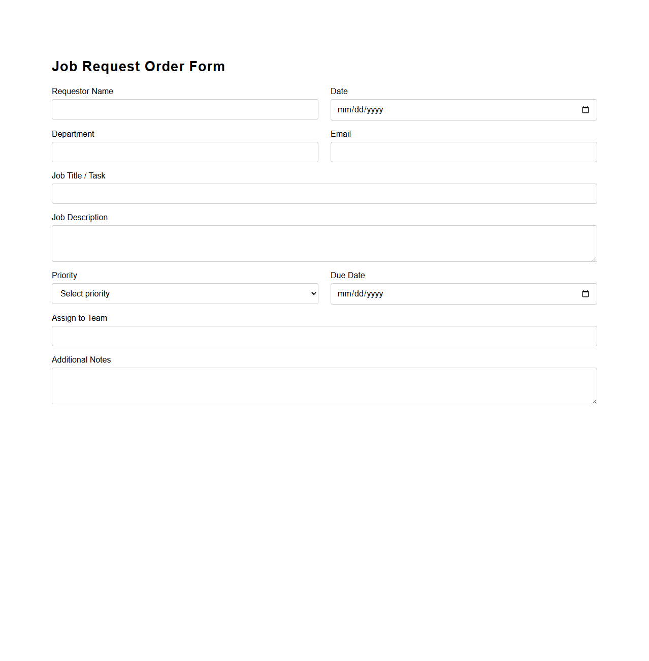 Job Request Order Form for Team Assignments