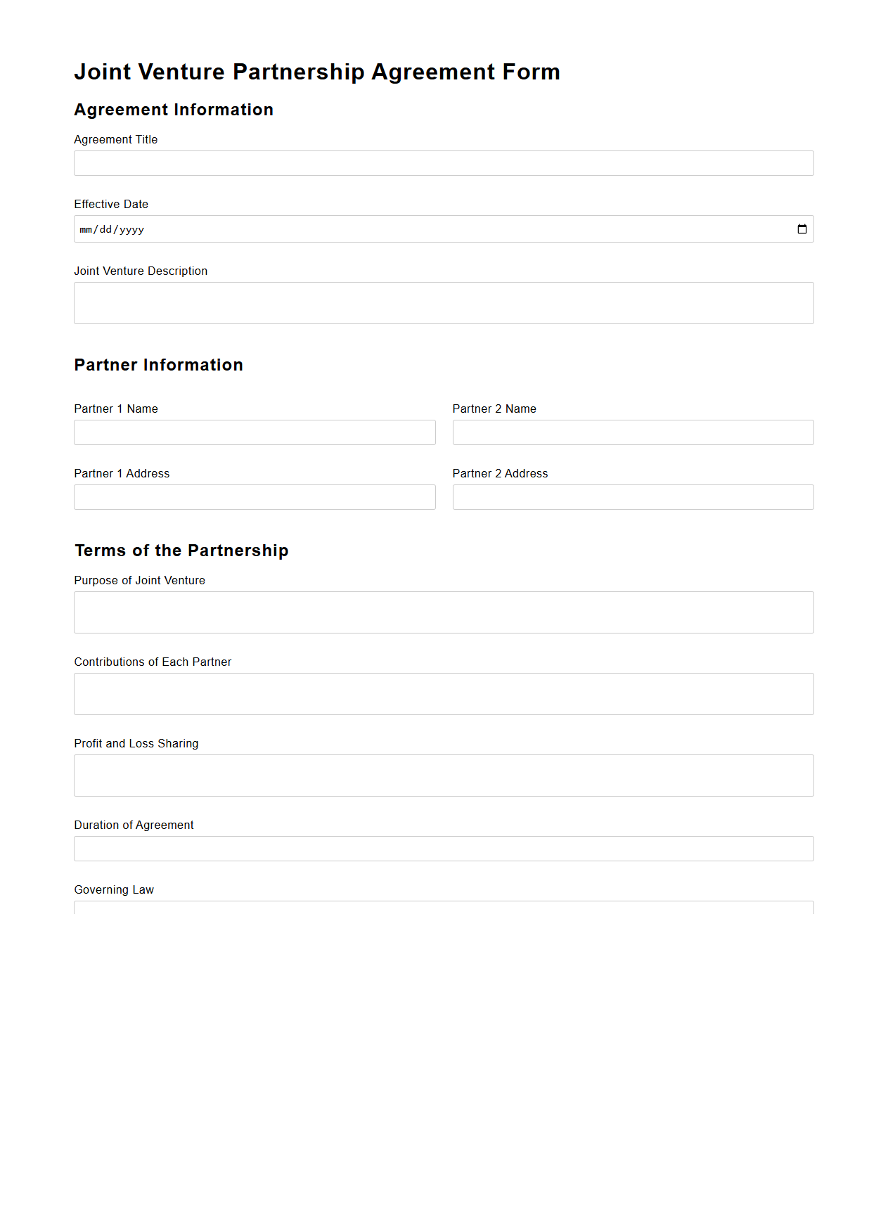 Joint Venture Partnership Agreement Form