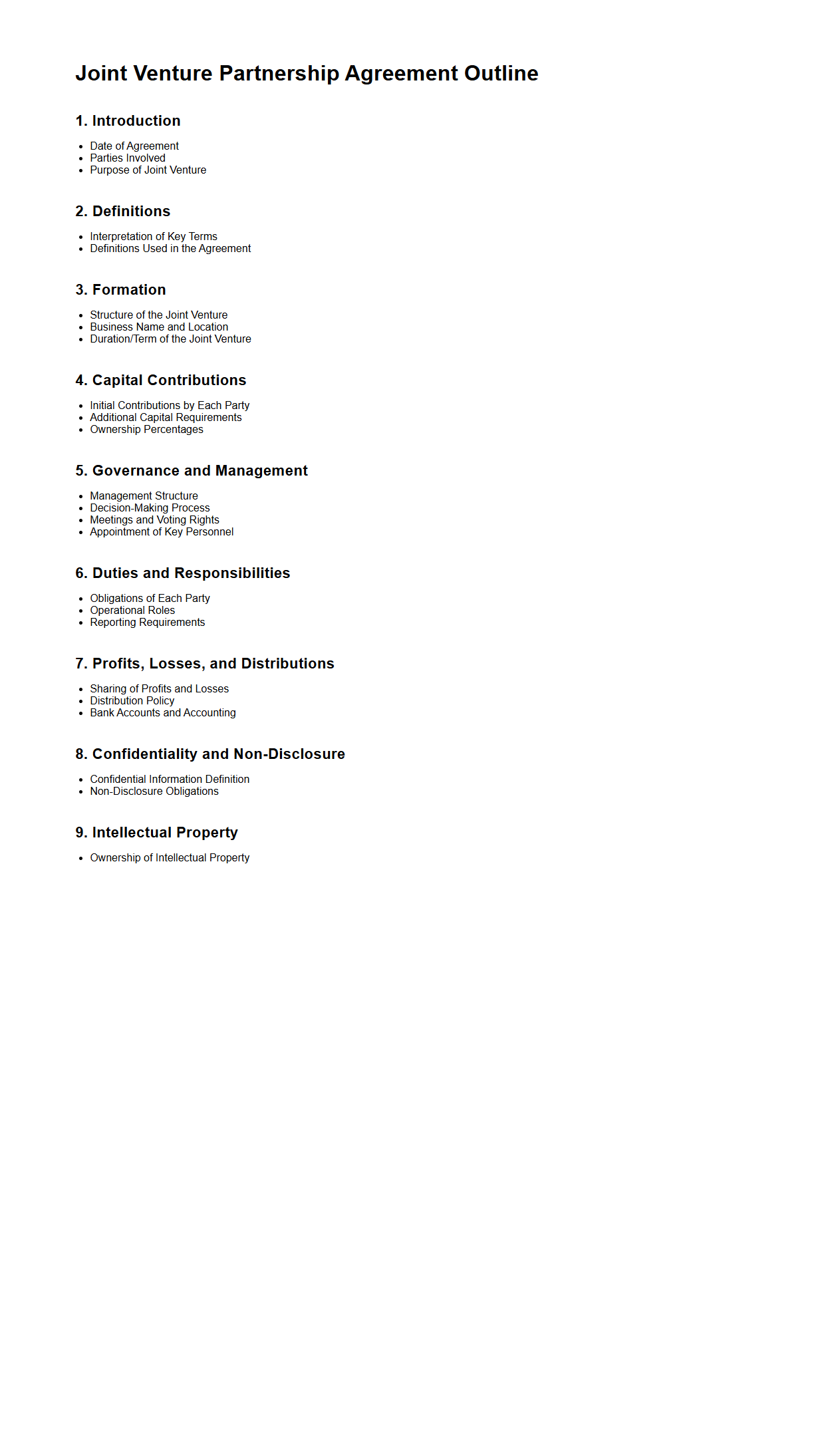 Joint Venture Partnership Agreement Outline