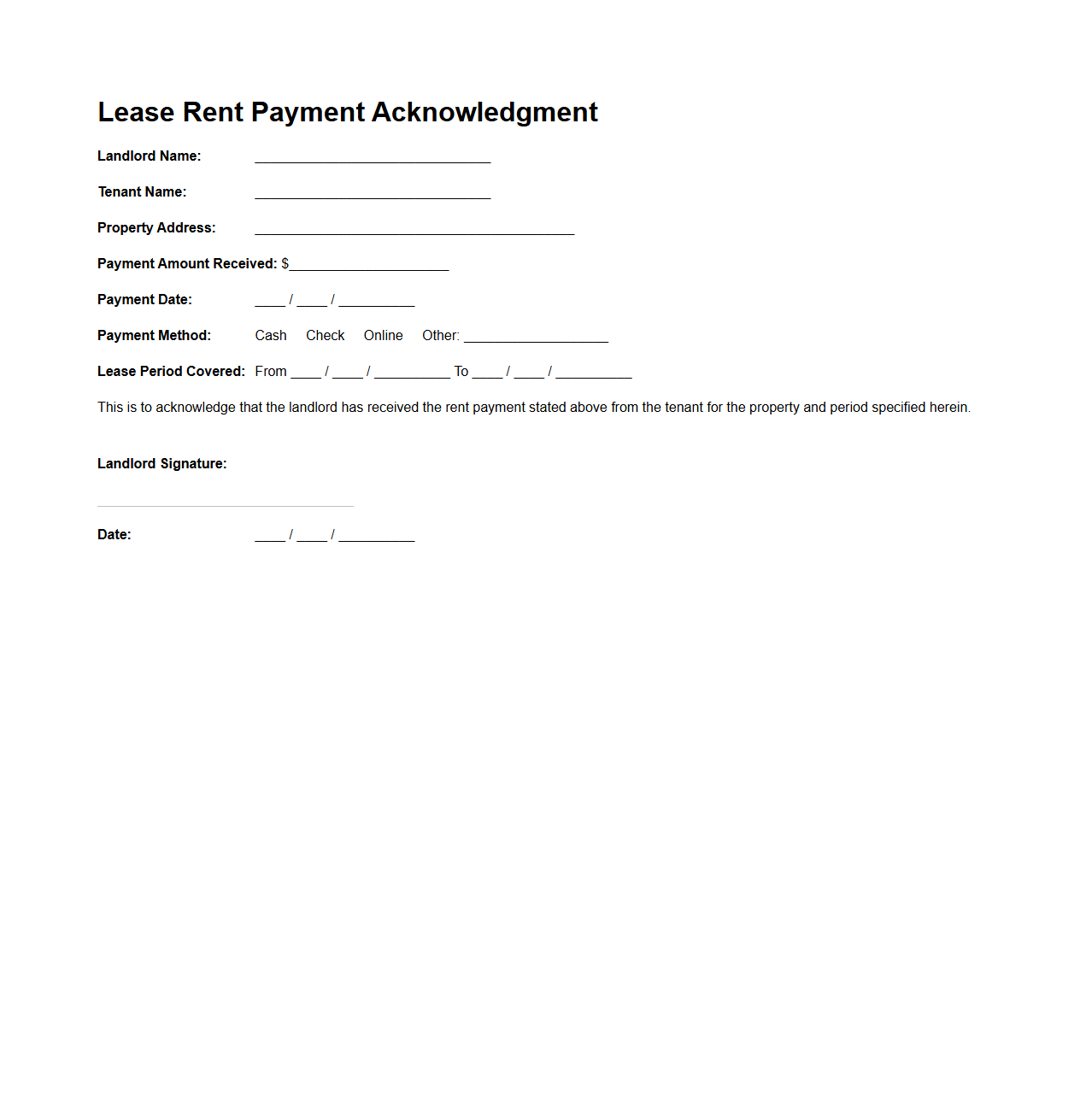 Lease Rent Payment Acknowledgment for Landlords