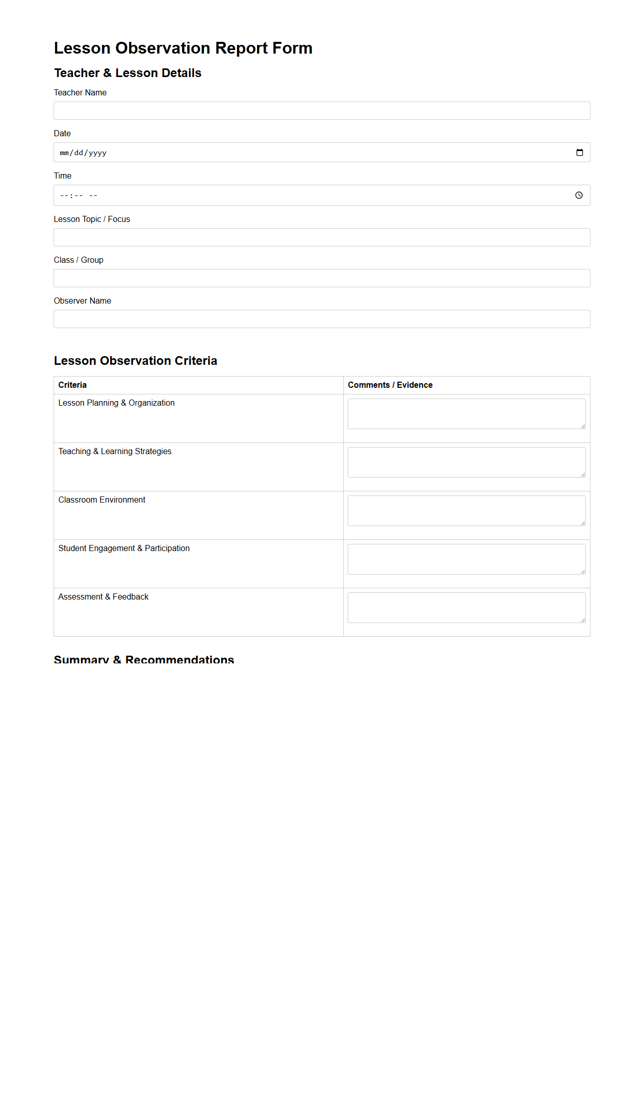 Lesson Observation Report Form