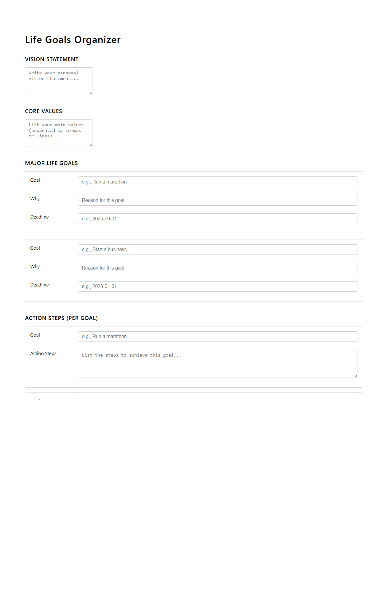 Life Goals Organizer for Personal Achievement
