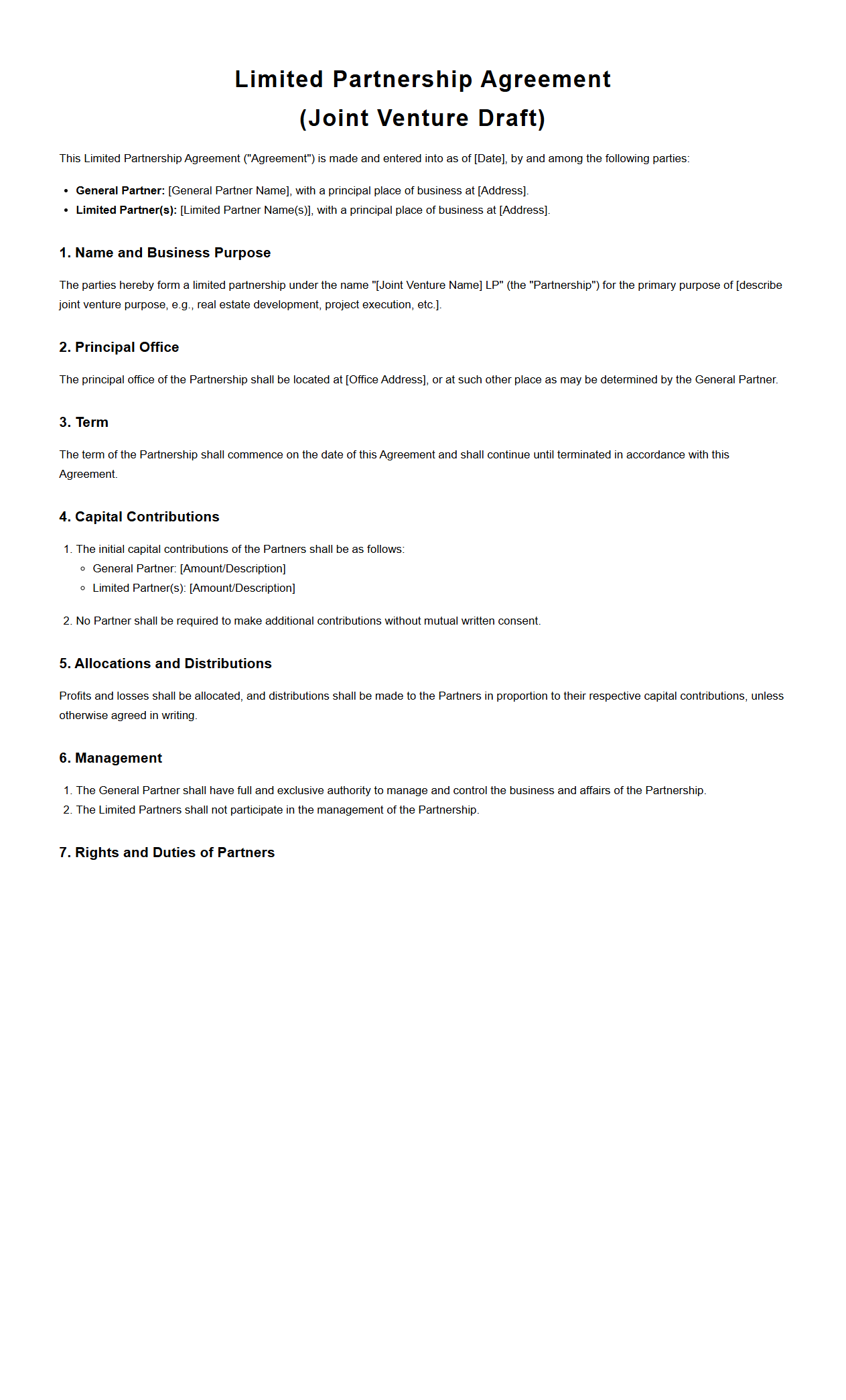 Limited Partnership Agreement Draft for Joint Ventures