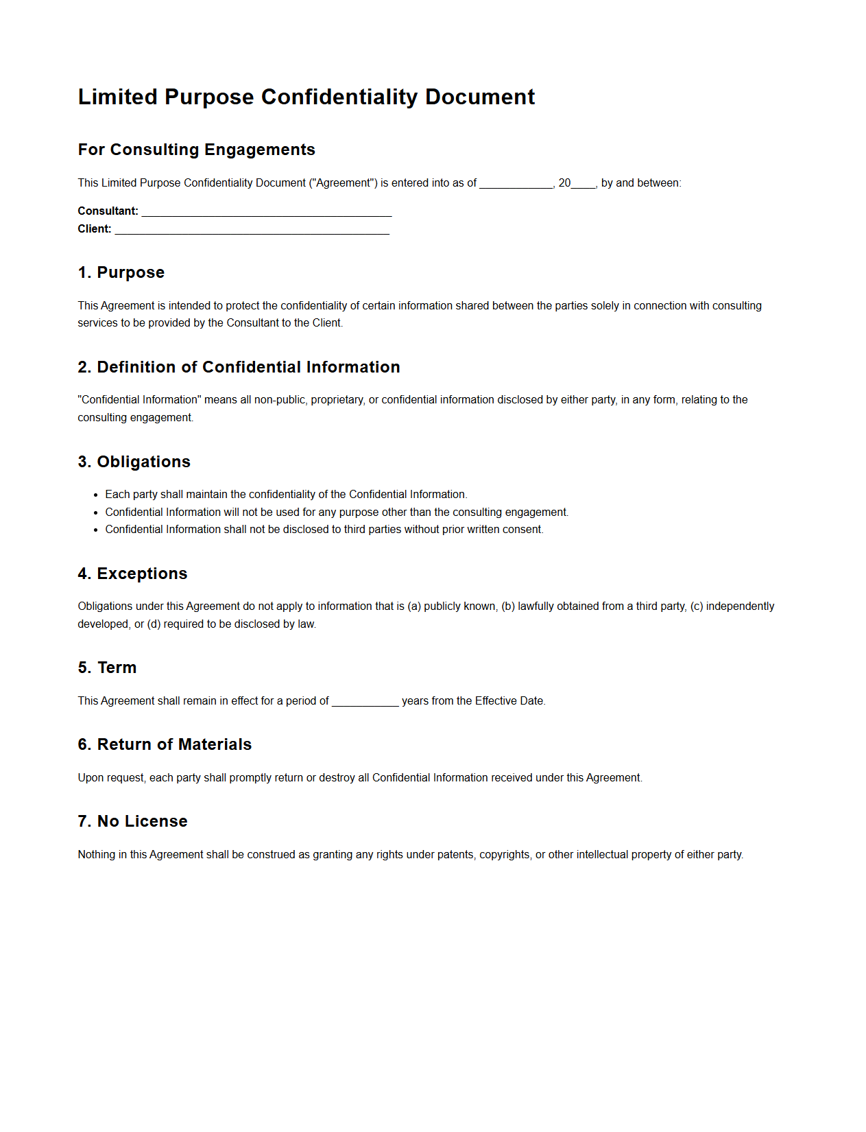 Limited Purpose Confidentiality Document for Consulting Engagements