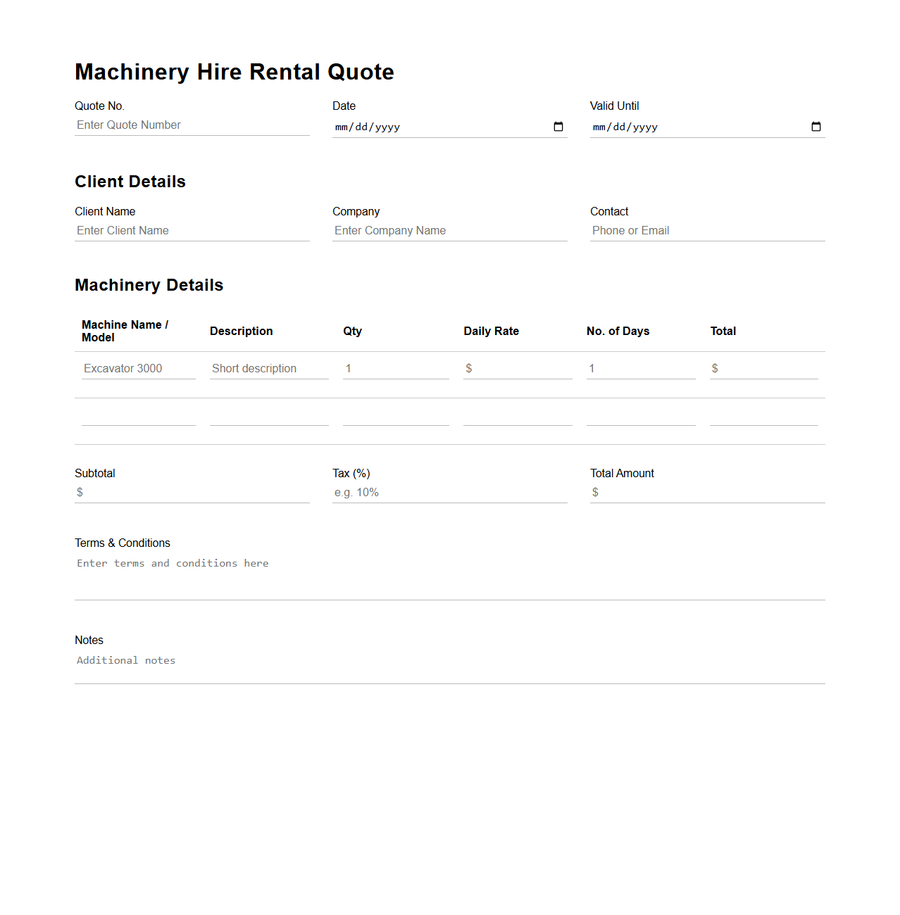 Machinery Hire Rental Quote Template