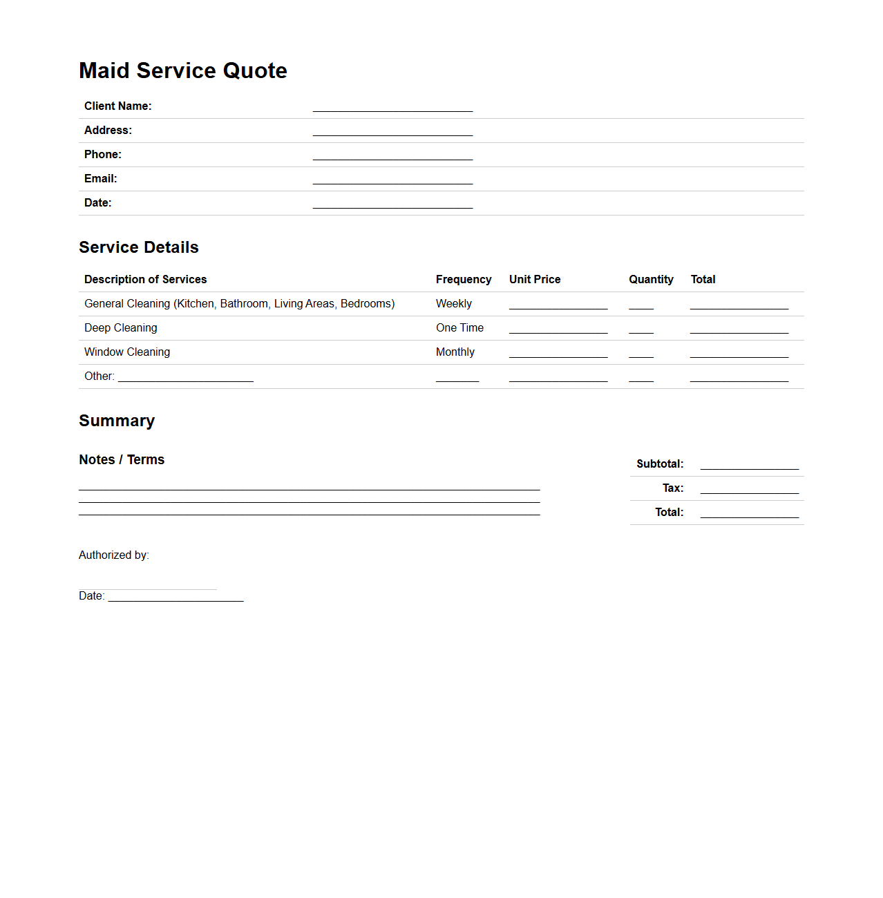Maid Service Quote Template for Residential Clients