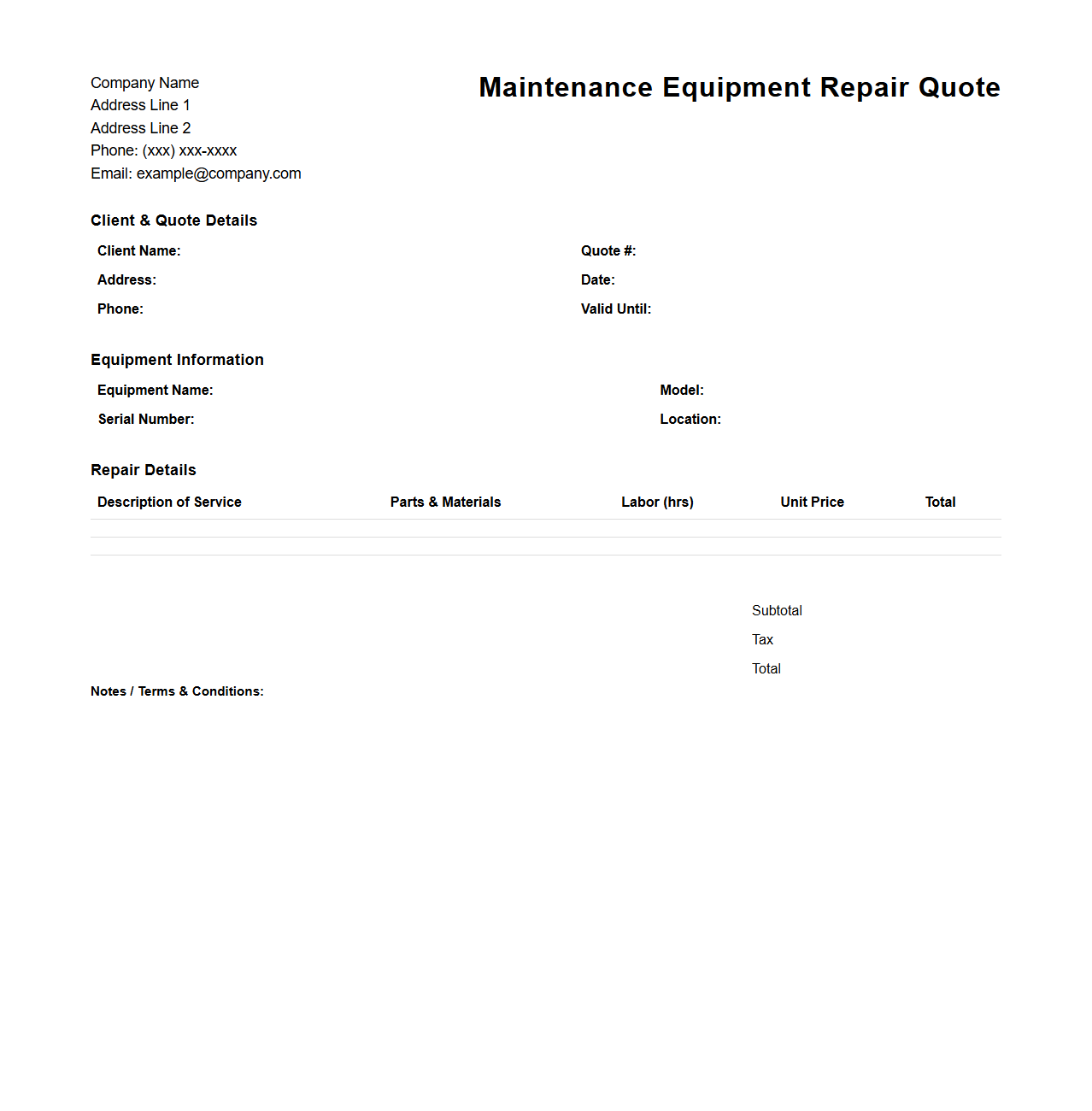 Maintenance Equipment Repair Quote Layout