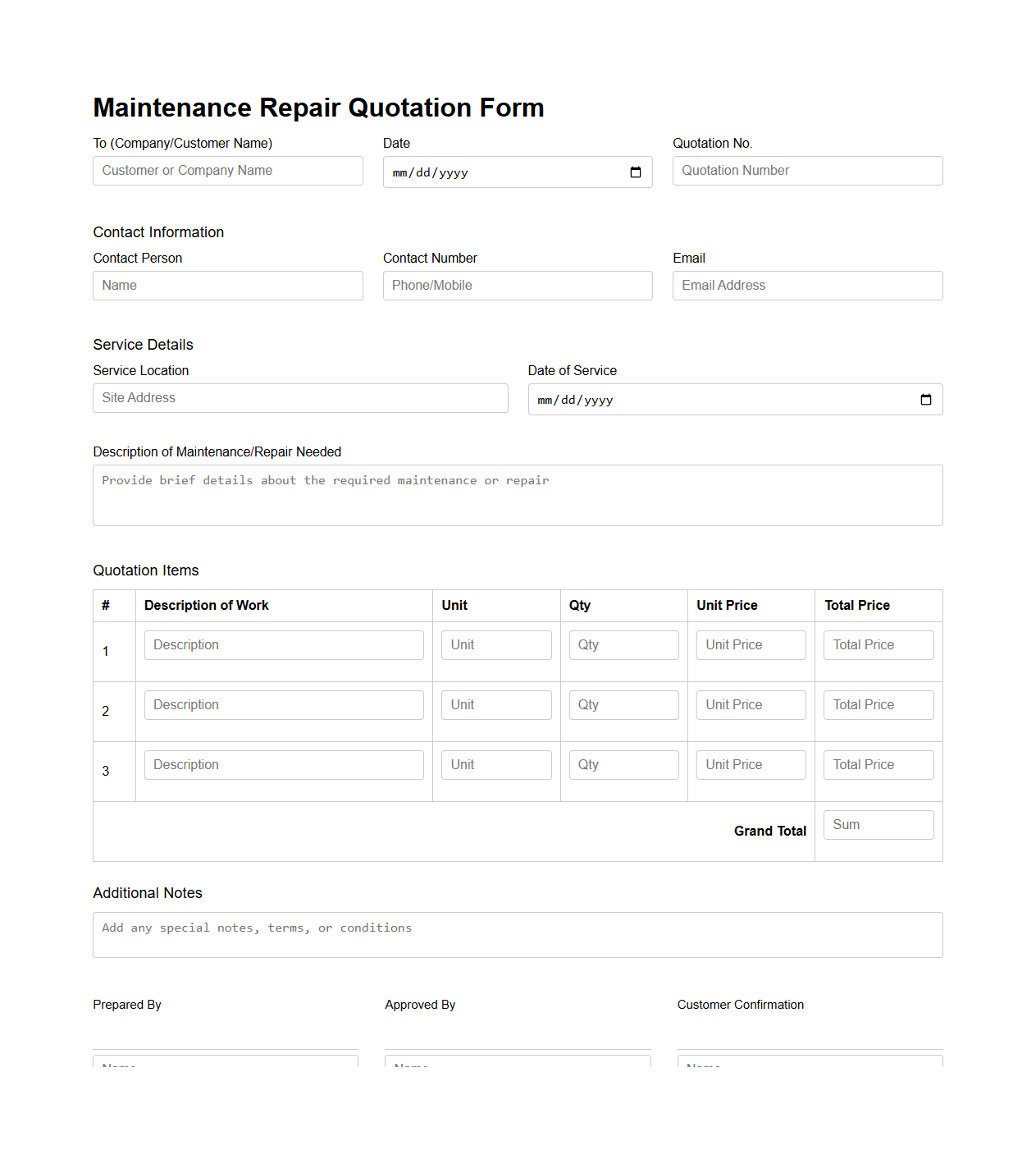 Maintenance Repair Quotation Form Sample