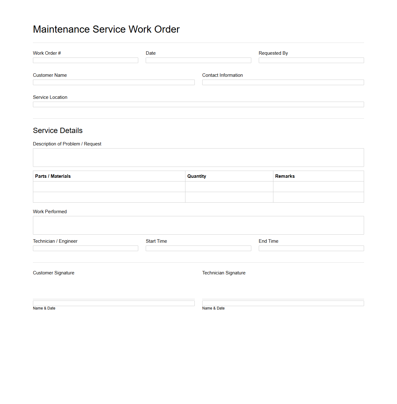 Maintenance Service Work Order Template