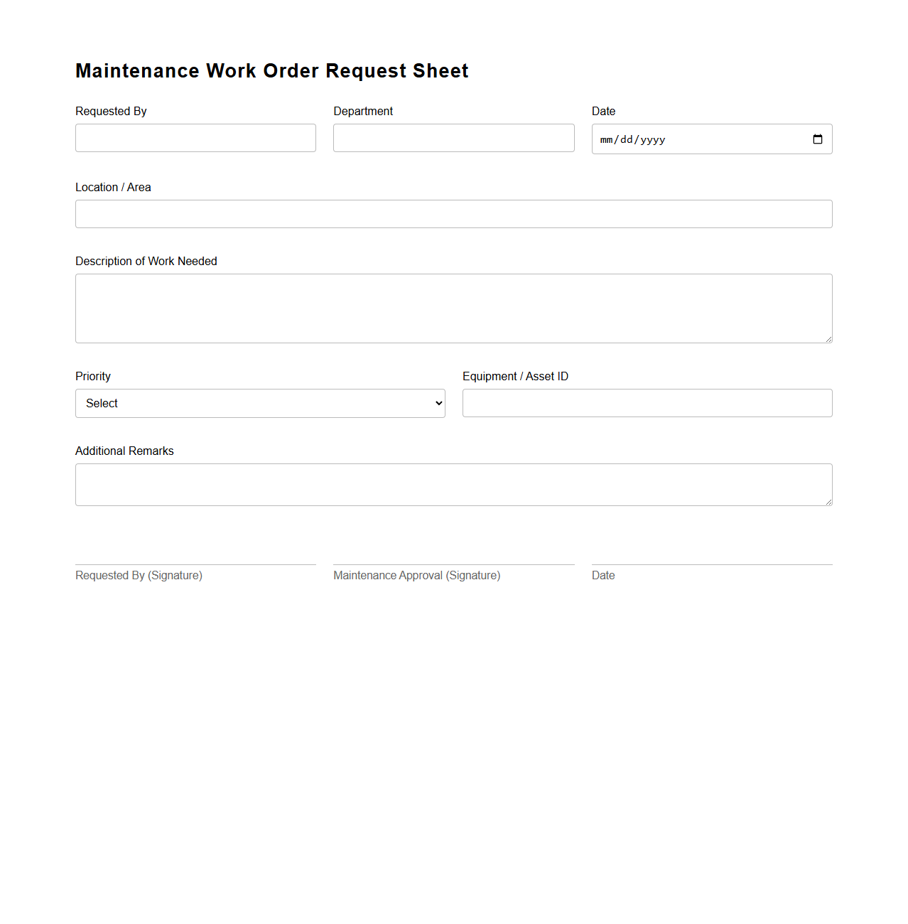 Maintenance Work Order Request Sheet