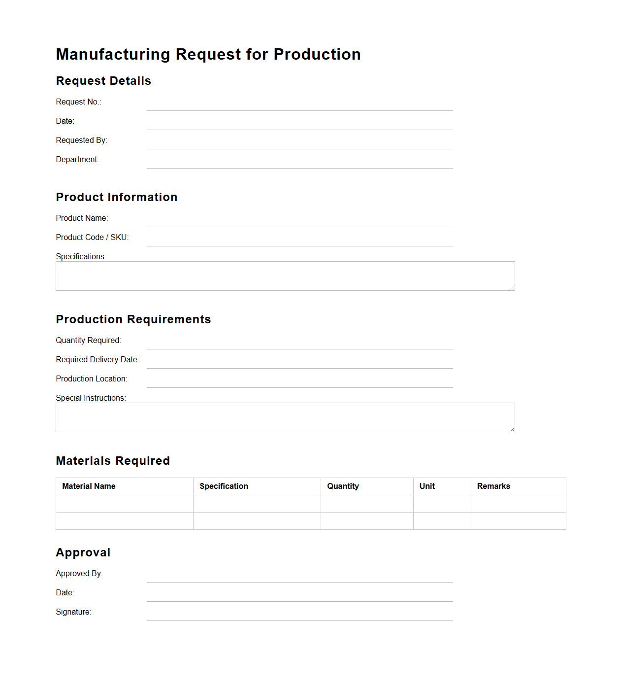 Manufacturing Request for Production Template