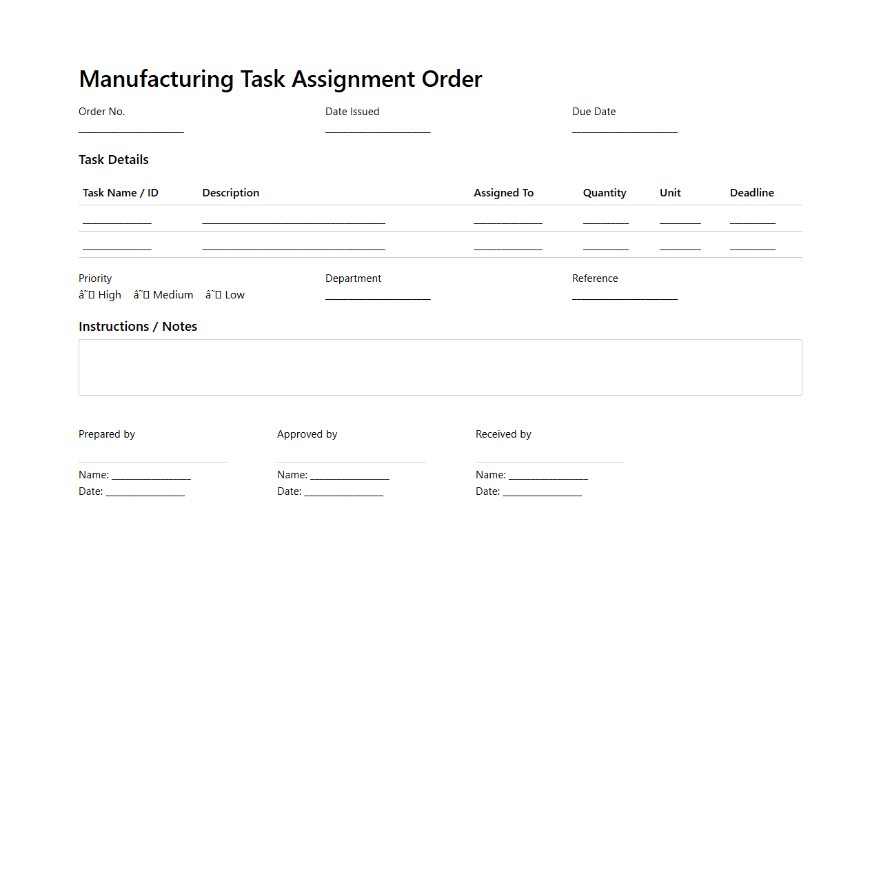 Manufacturing Task Assignment Order Document