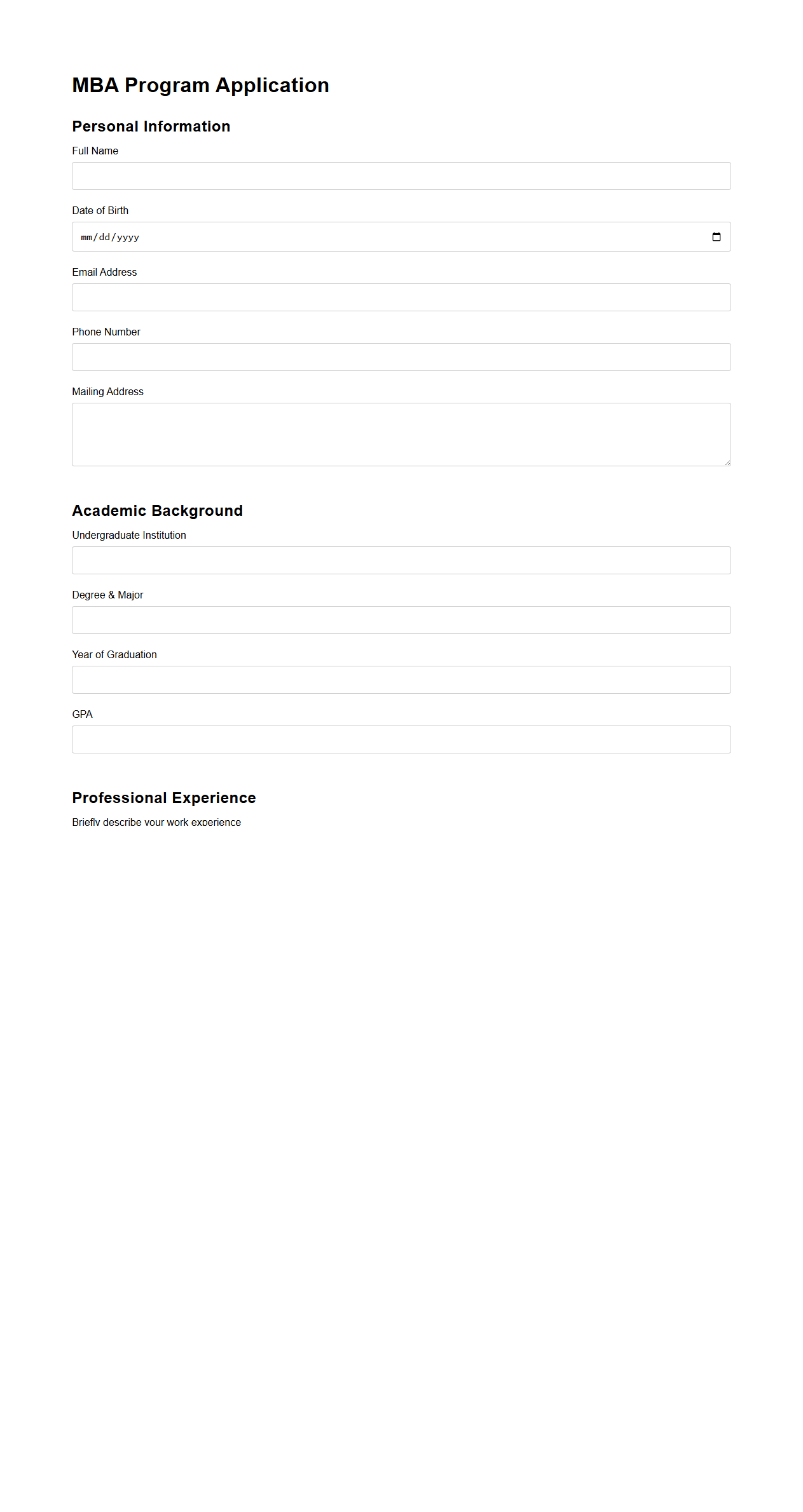 MBA Program Application Document Template