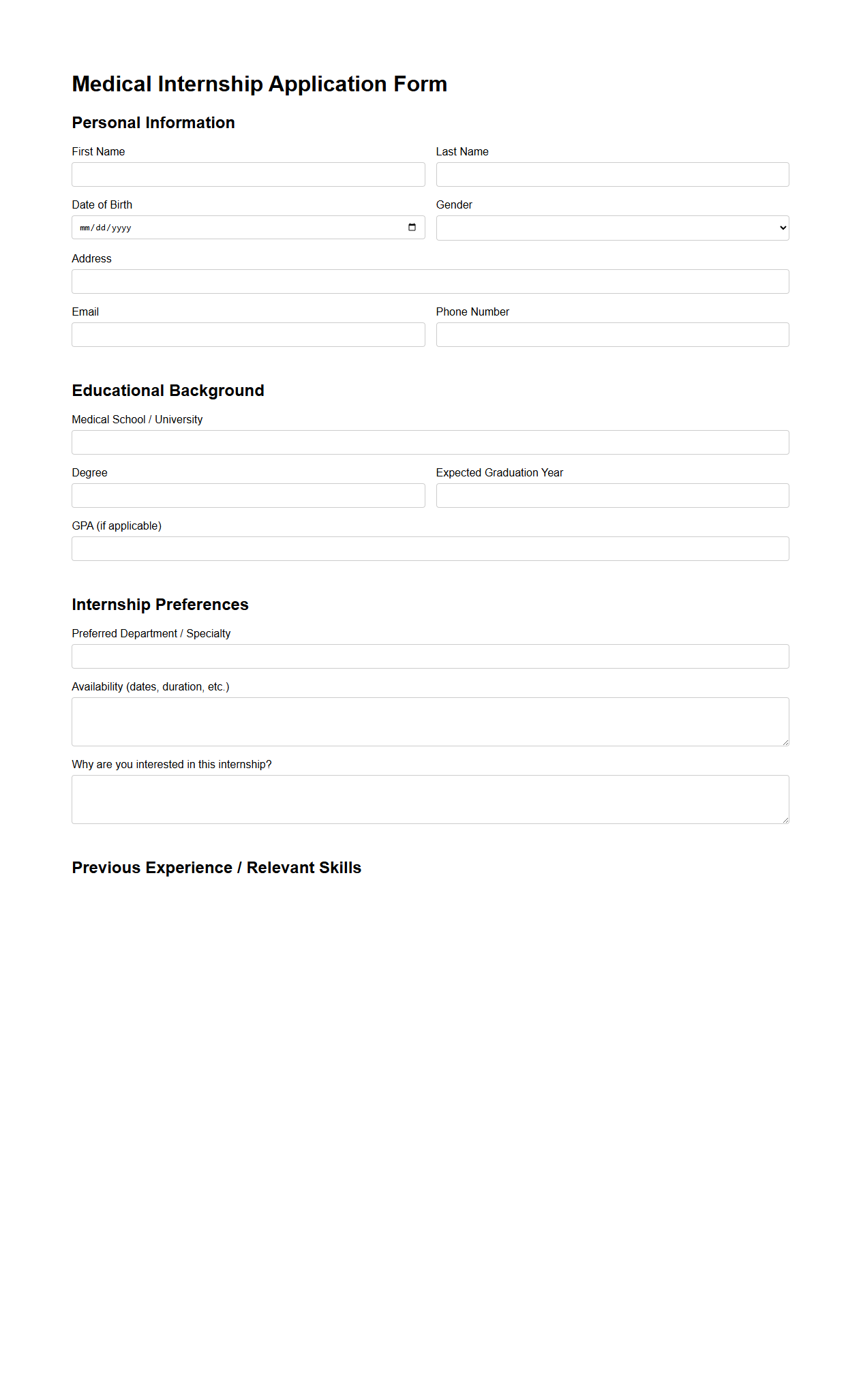Medical Internship Application Blank Form