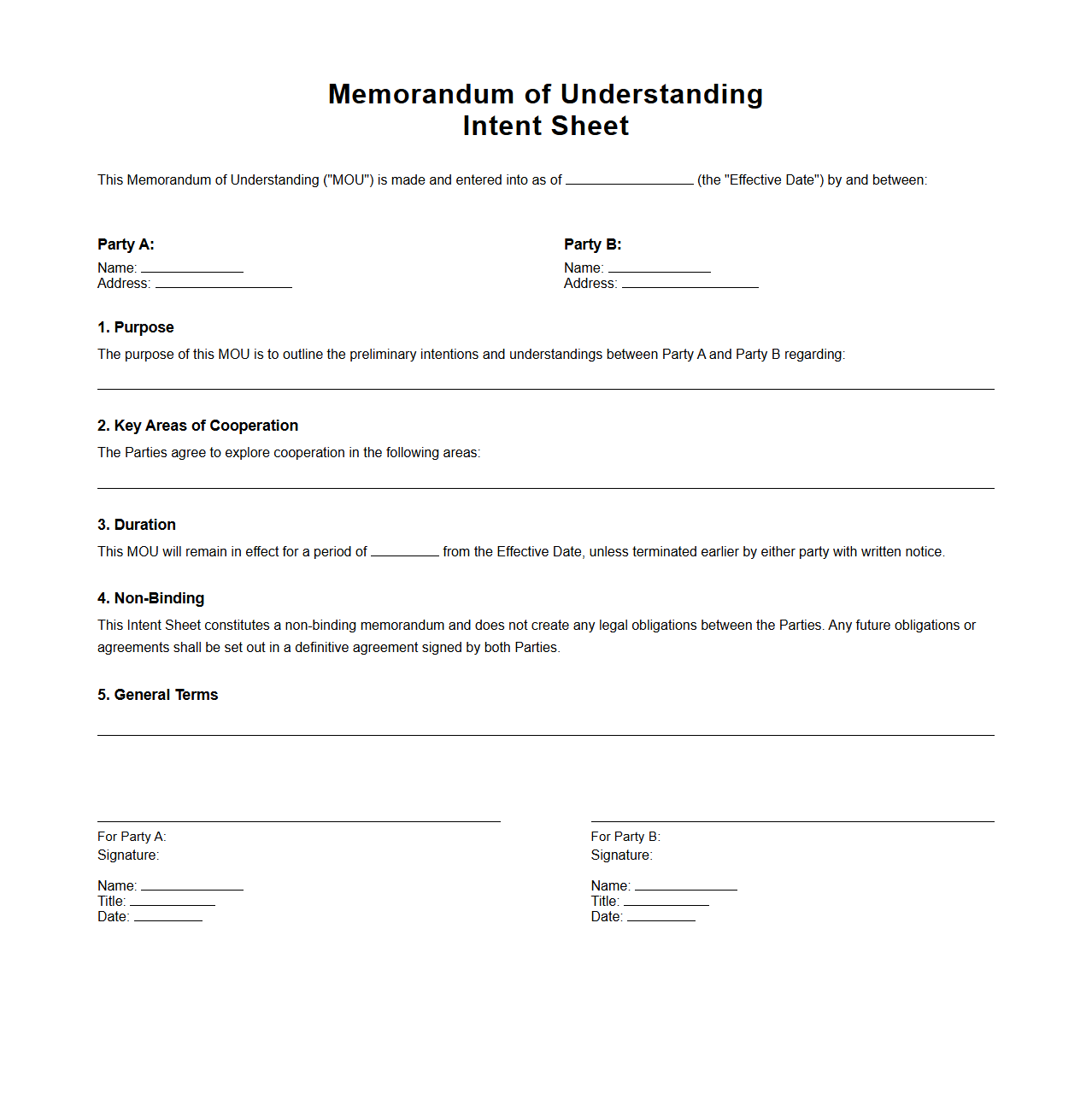 Memorandum of Understanding Intent Sheet