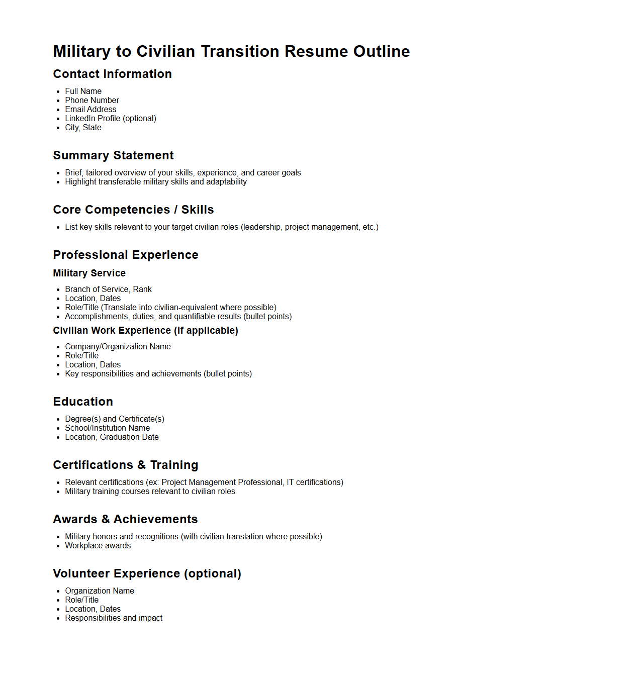 Military to Civilian Transition Resume Outline