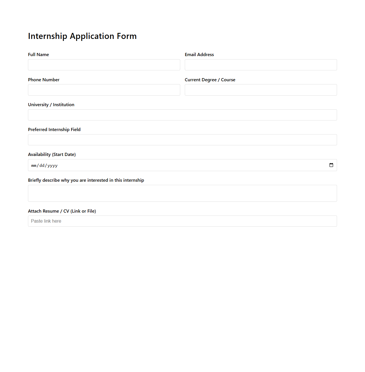 Minimal Internship Application Form for Entry-Level Roles