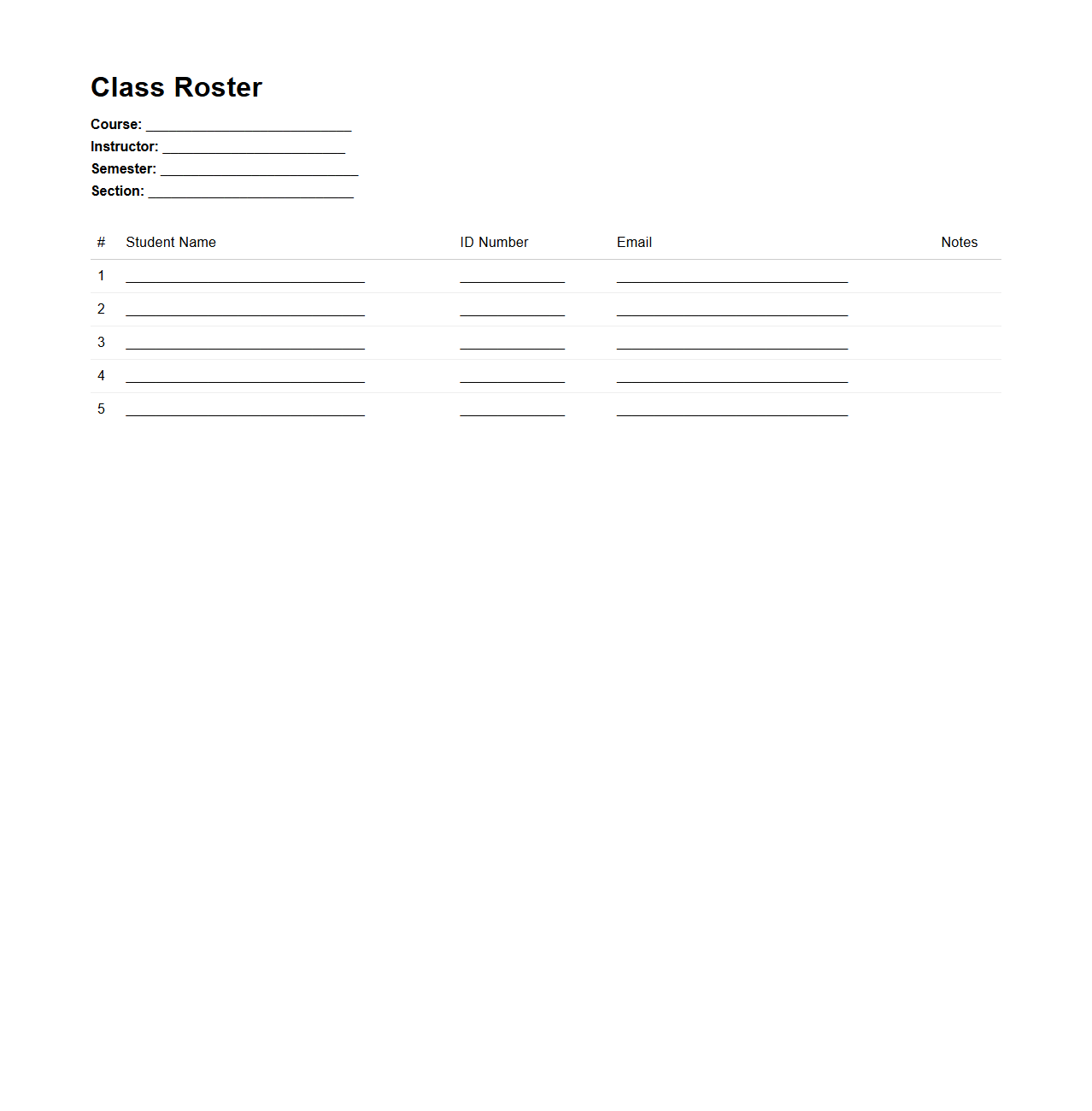Minimalist College Class Roster Template