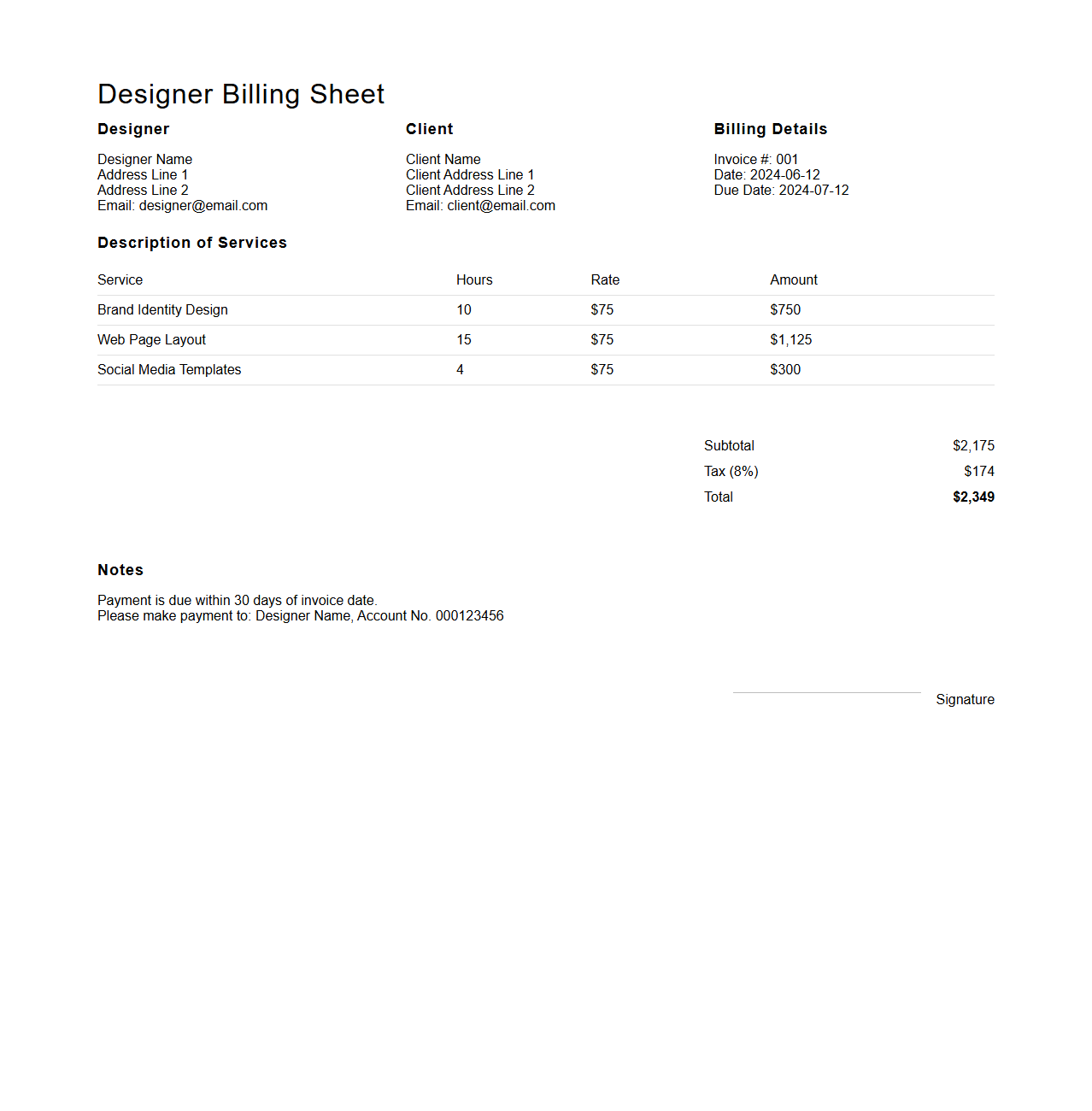 Minimalist Designer Billing Sheet Format