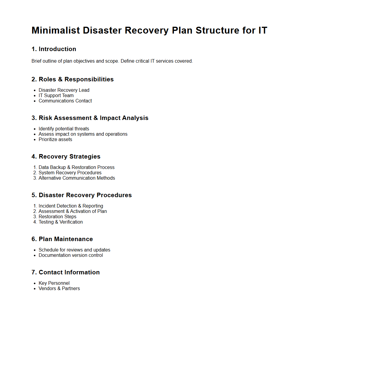Minimalist Disaster Recovery Plan Structure for IT
