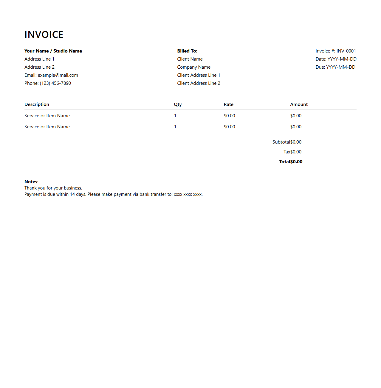 Minimalist Freelance Invoice Sheet