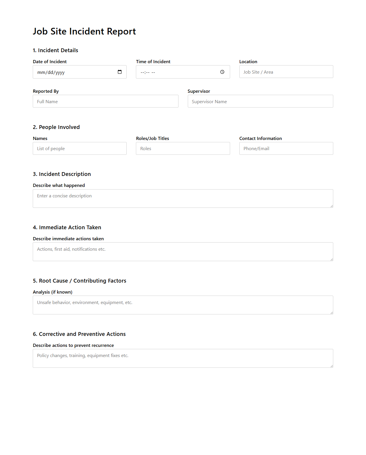 Minimalist Job Site Incident Report Outline