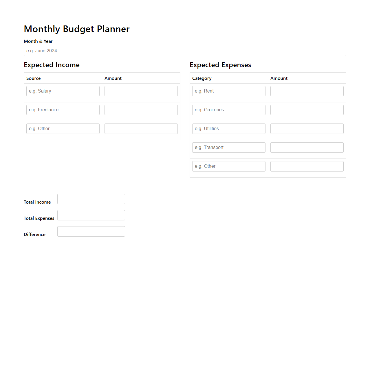 Minimalist Monthly Budget Planner for Personal Use