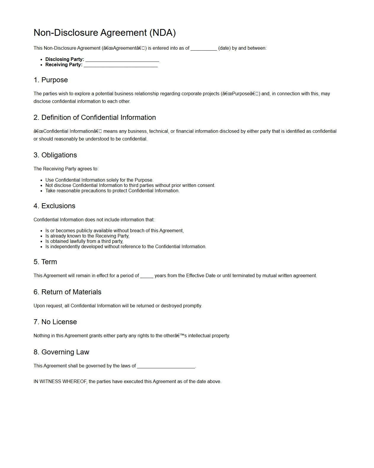 Minimalist NDA Draft for Corporate Projects