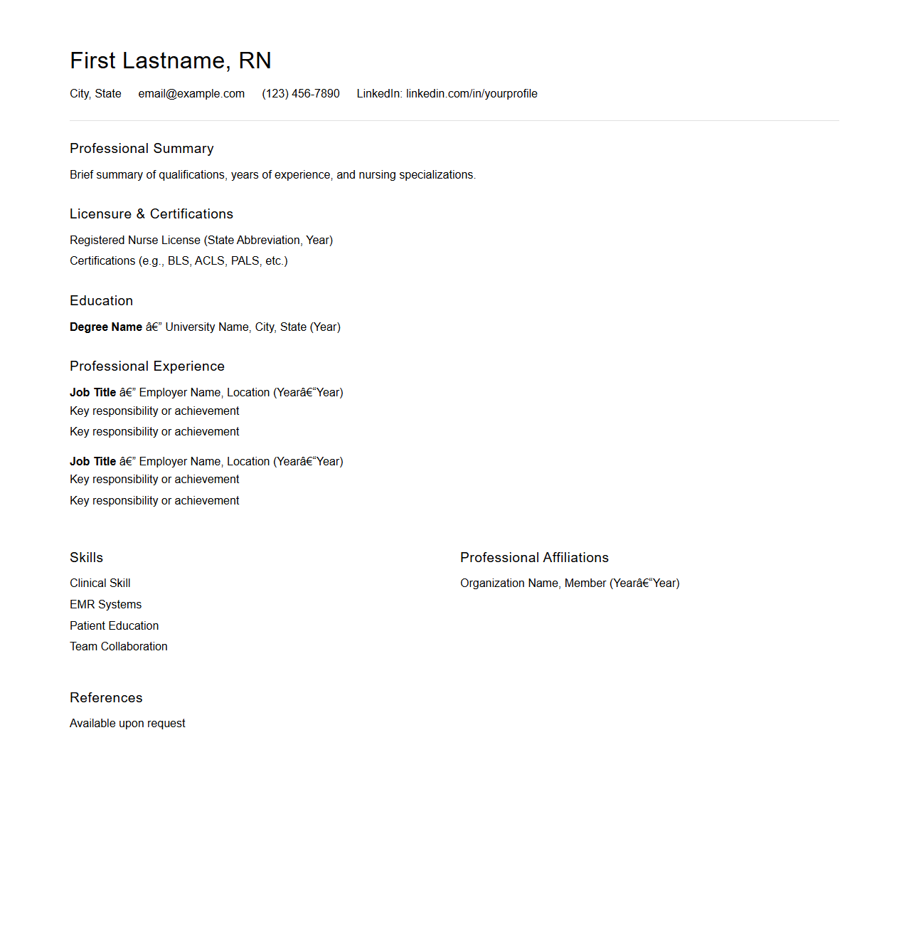 Minimalistic Nursing Resume Outline for Professionals