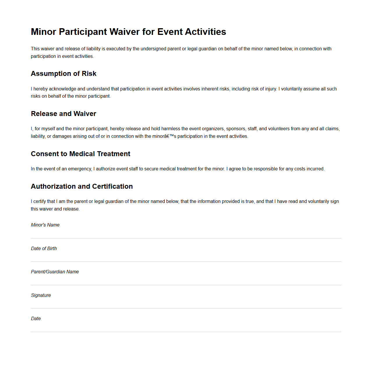 Minor Participant Waiver for Event Activities