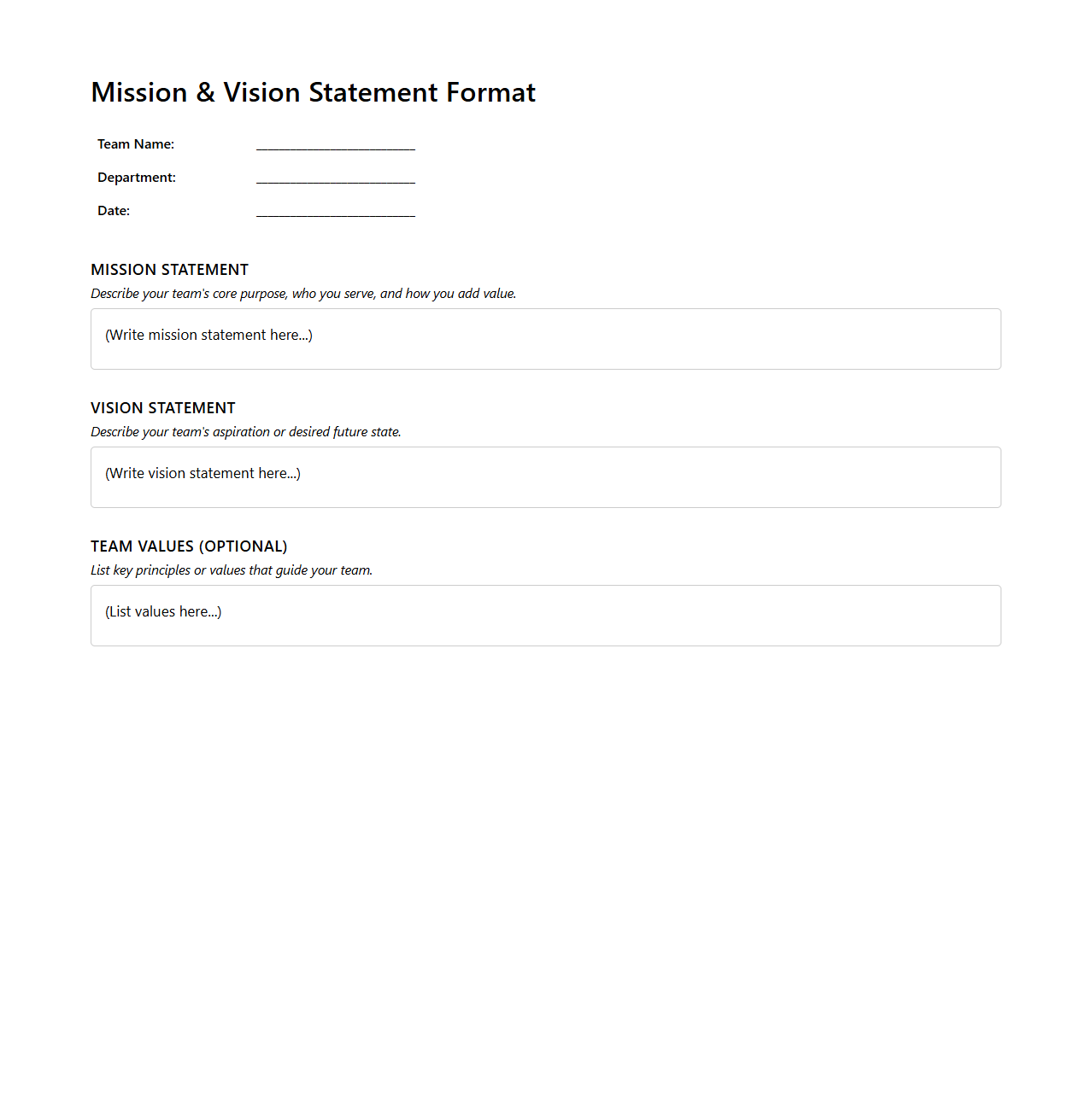 Mission and Vision Statement Format for Teams