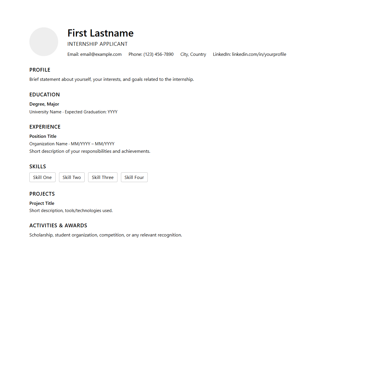 Modern Blank Internship CV Template