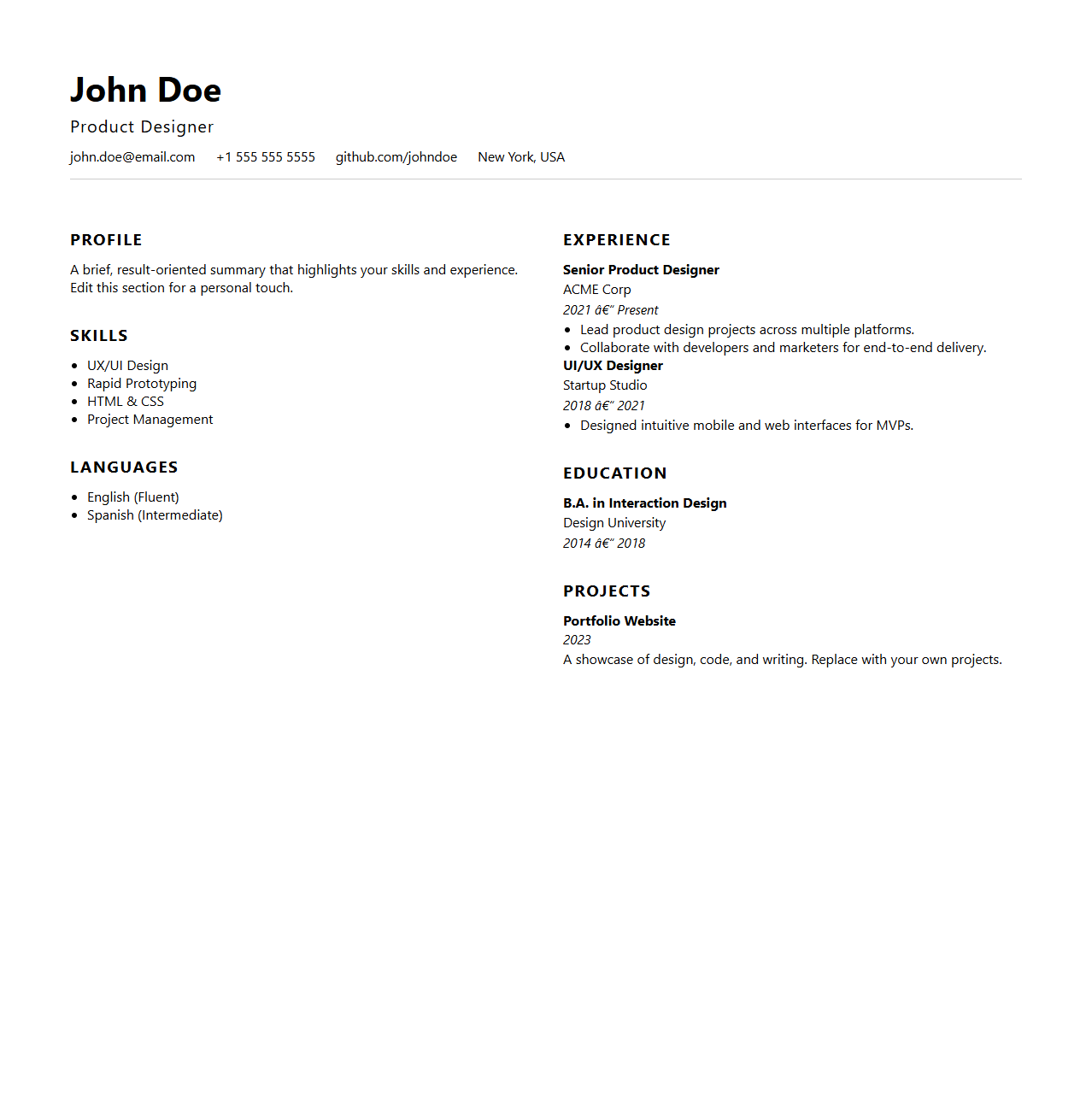 Modern Single-Page Curriculum Vitae Template for Quick Edits