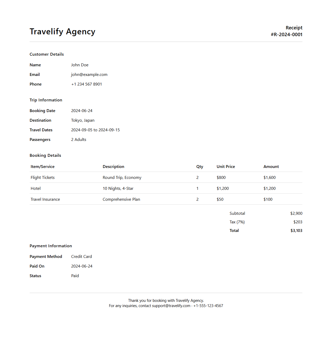 Modern Travel Agency Receipt Format