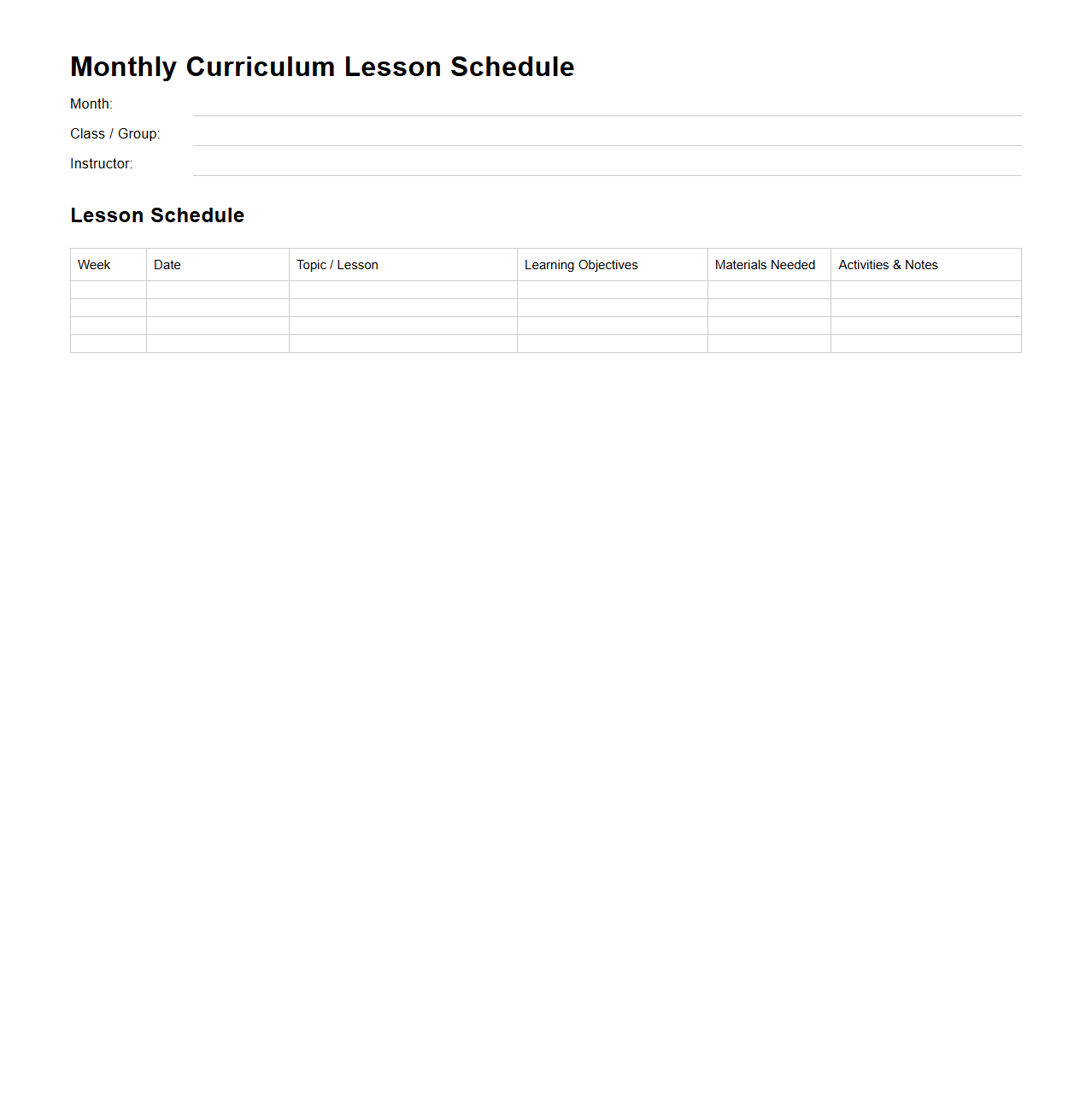 Monthly Curriculum Lesson Schedule Template