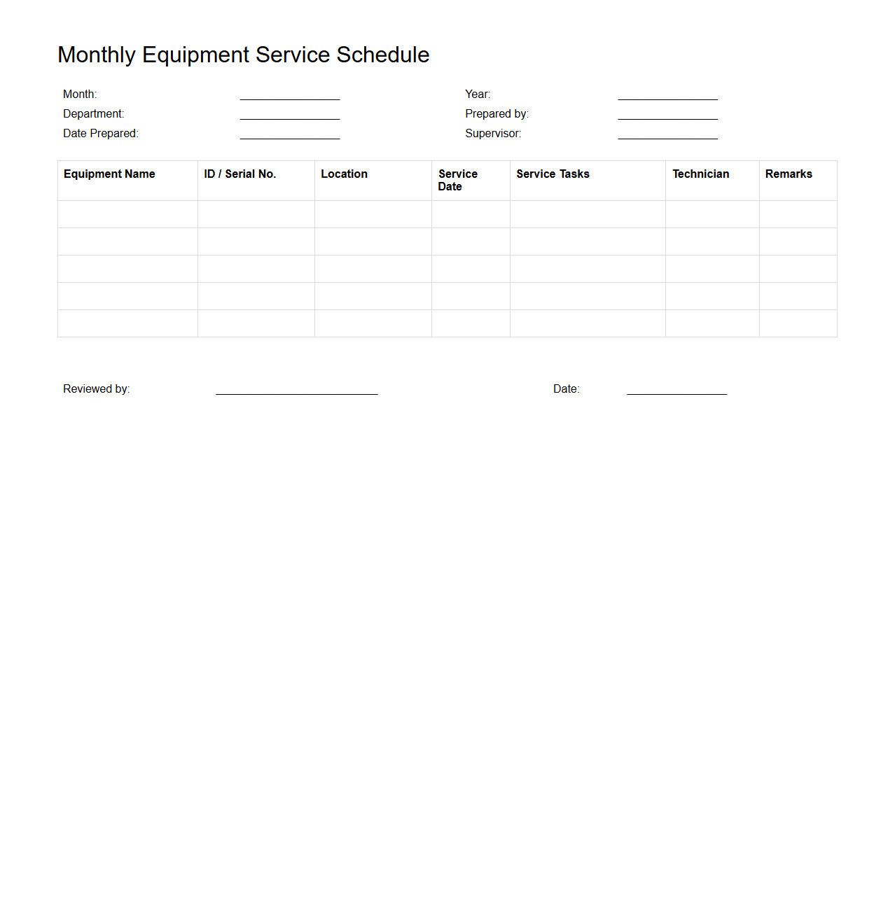 Monthly Equipment Service Schedule Template