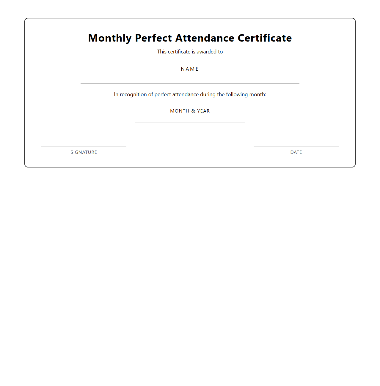 Monthly Perfect Attendance Certificate Blank