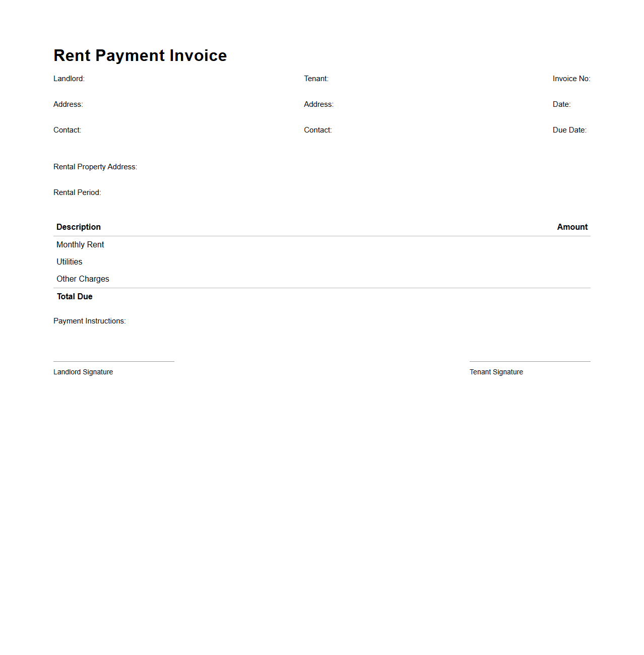 Monthly Rent Payment Invoice Template