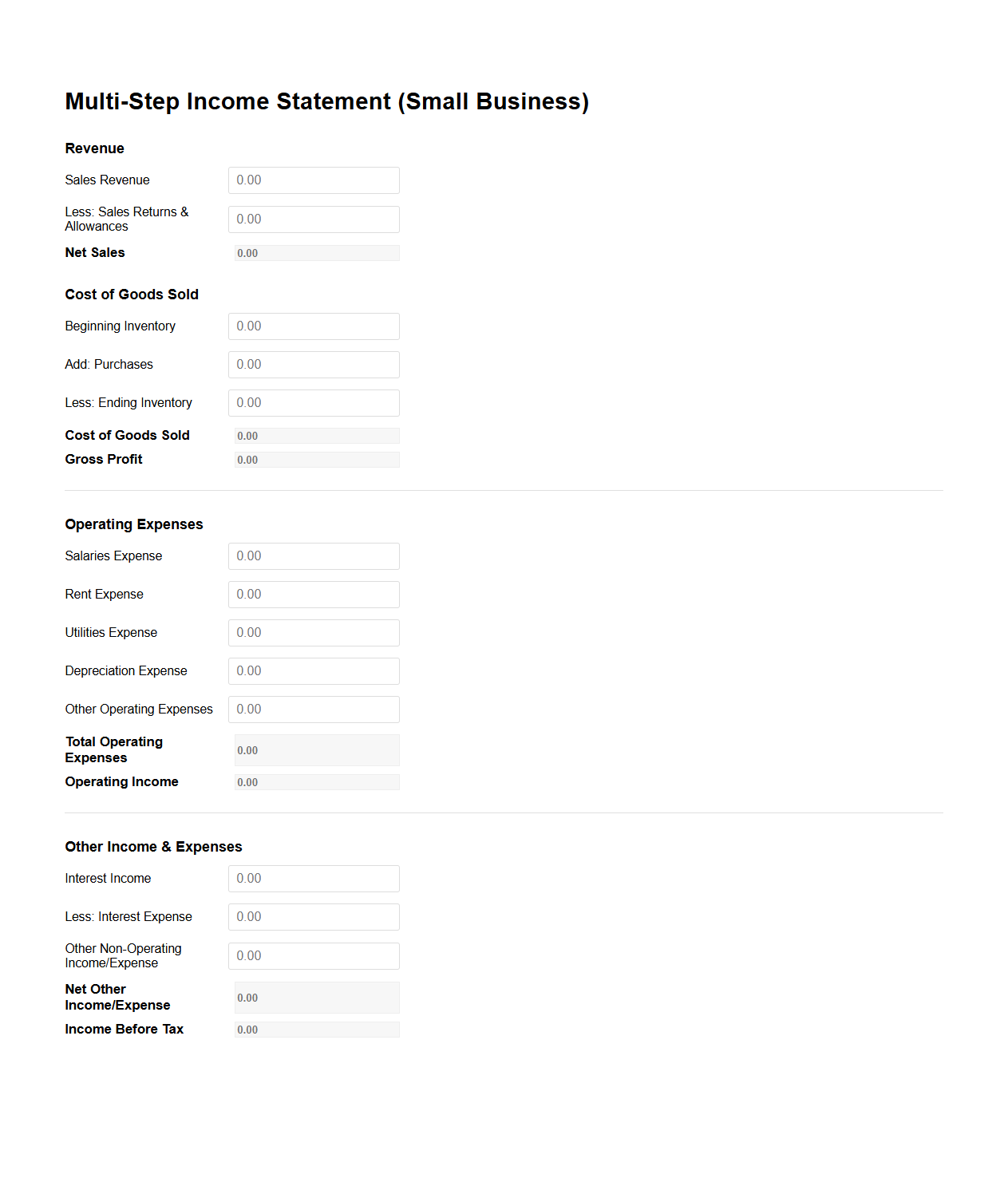 Multi-Step Income Statement Form for Small Businesses