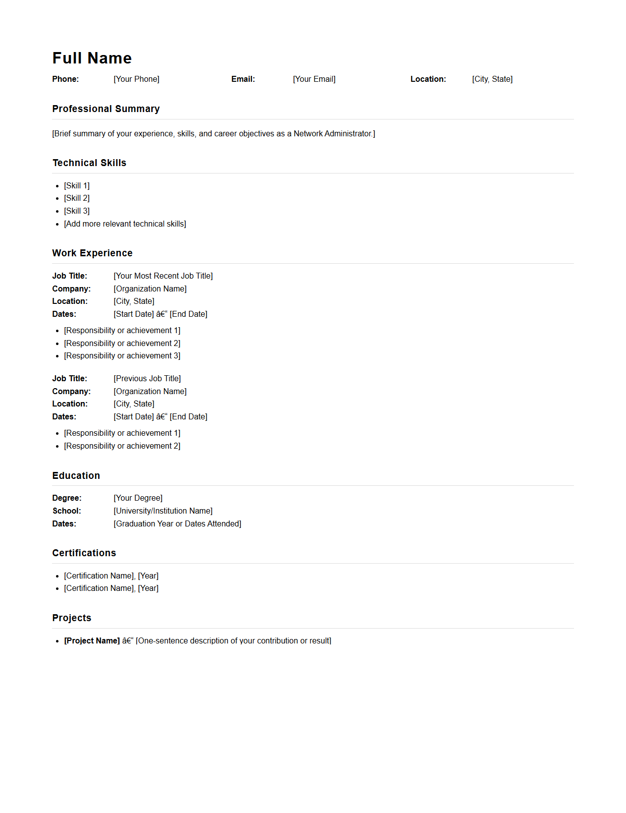 Network Administrator Blank Resume Template