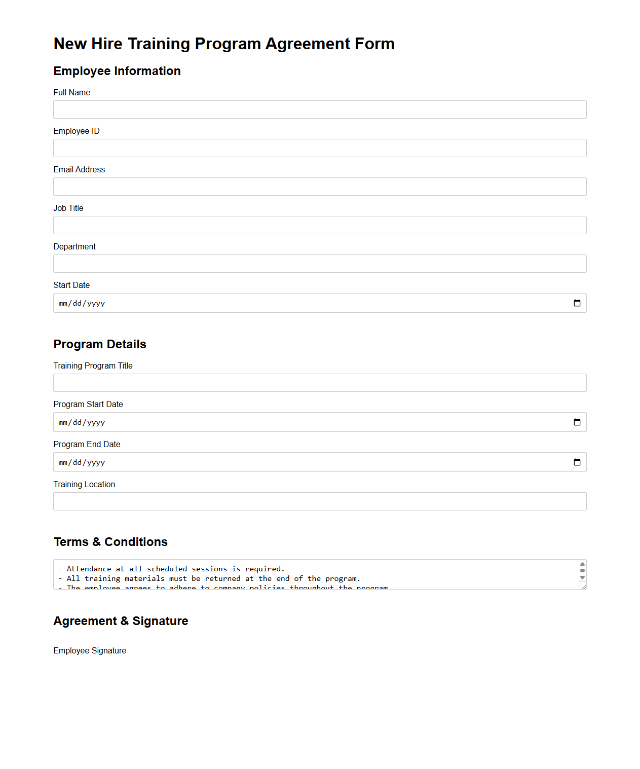 New Hire Training Program Agreement Form