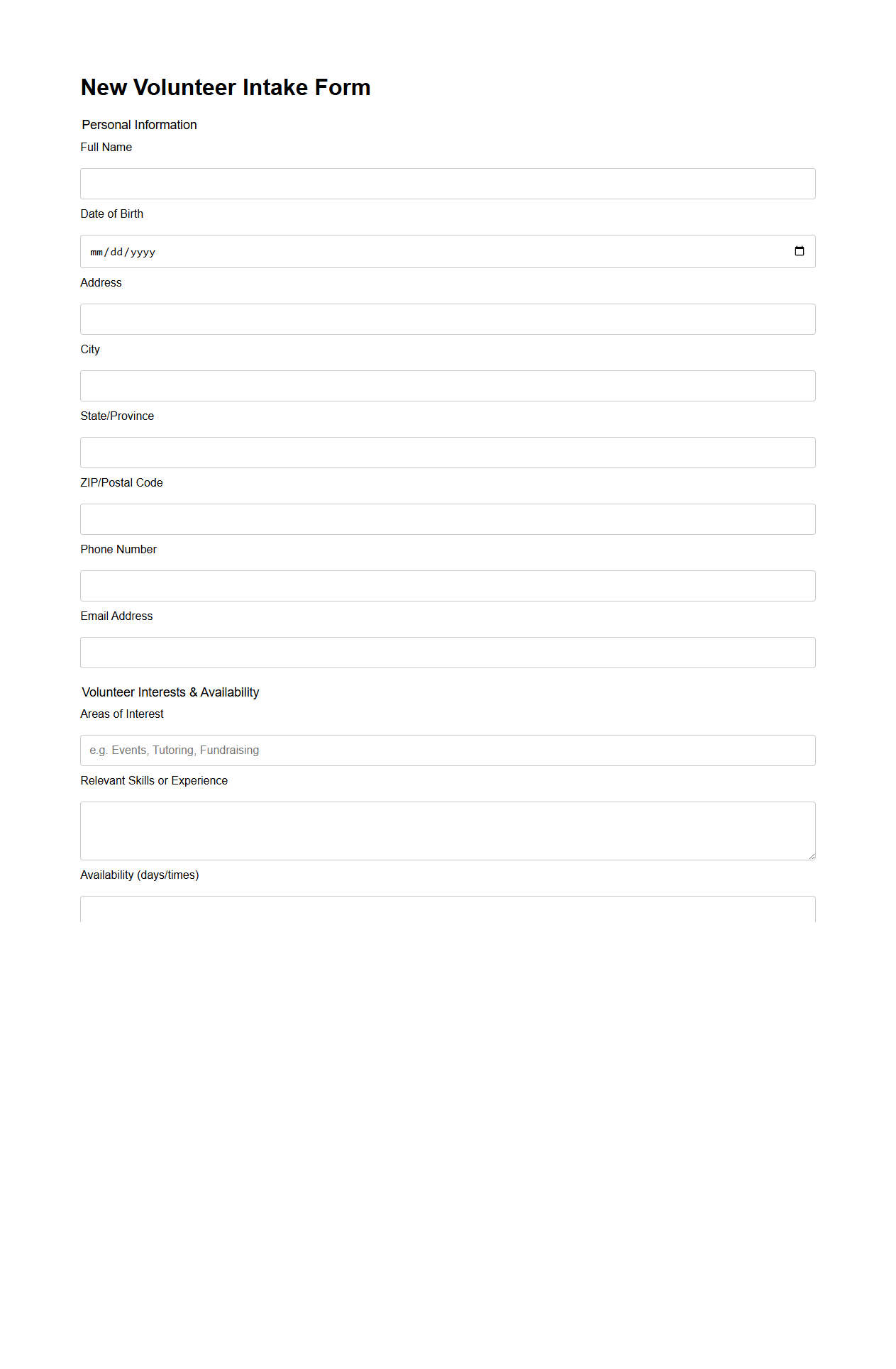 New Volunteer Intake Form for Non-Profit Use
