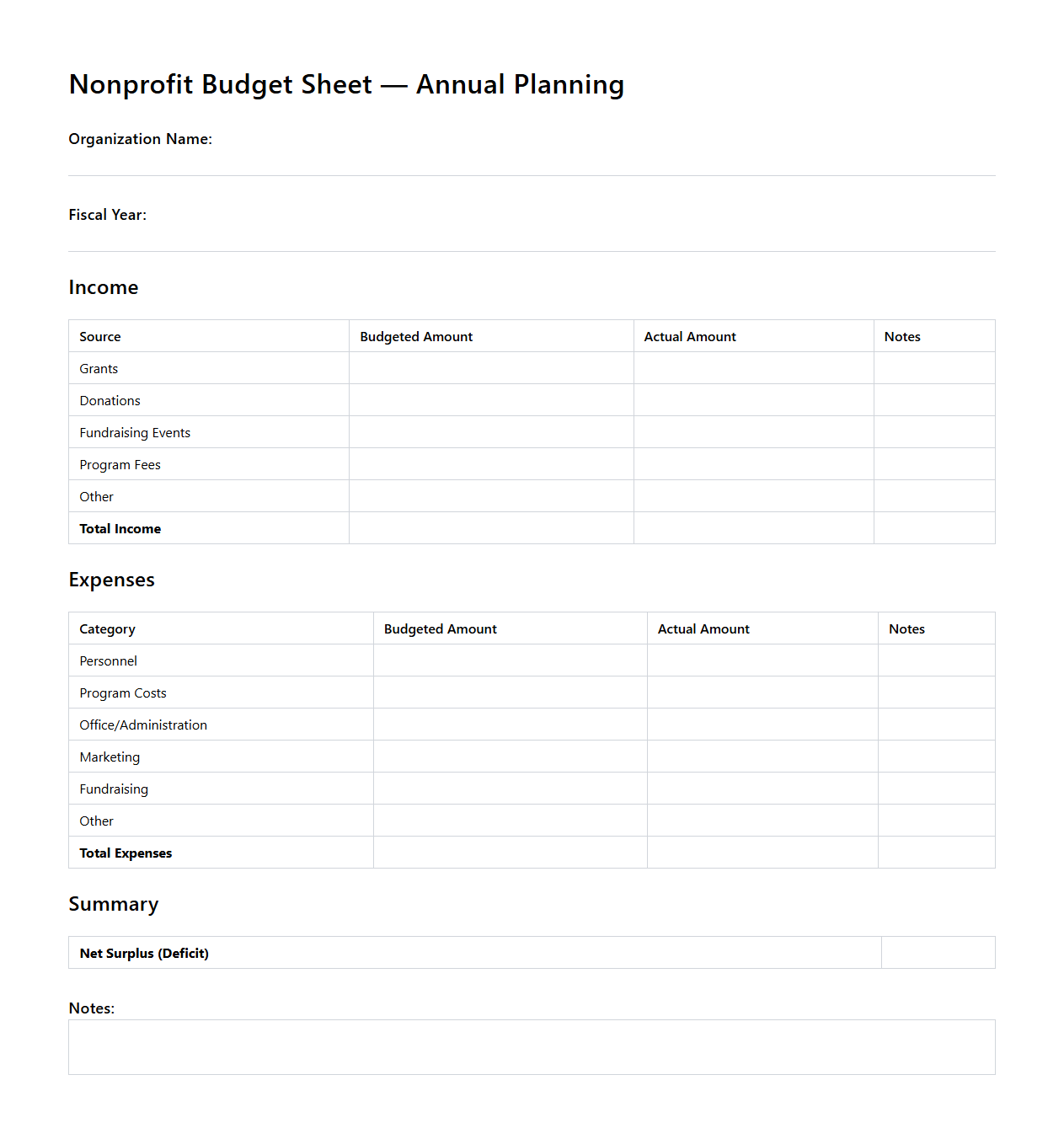 Nonprofit Budget Sheet for Annual Planning