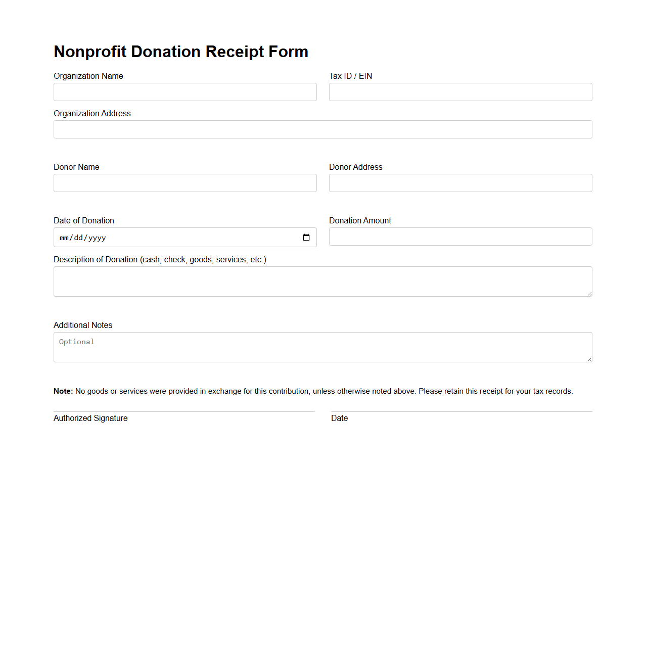 Nonprofit Donation Receipt Form