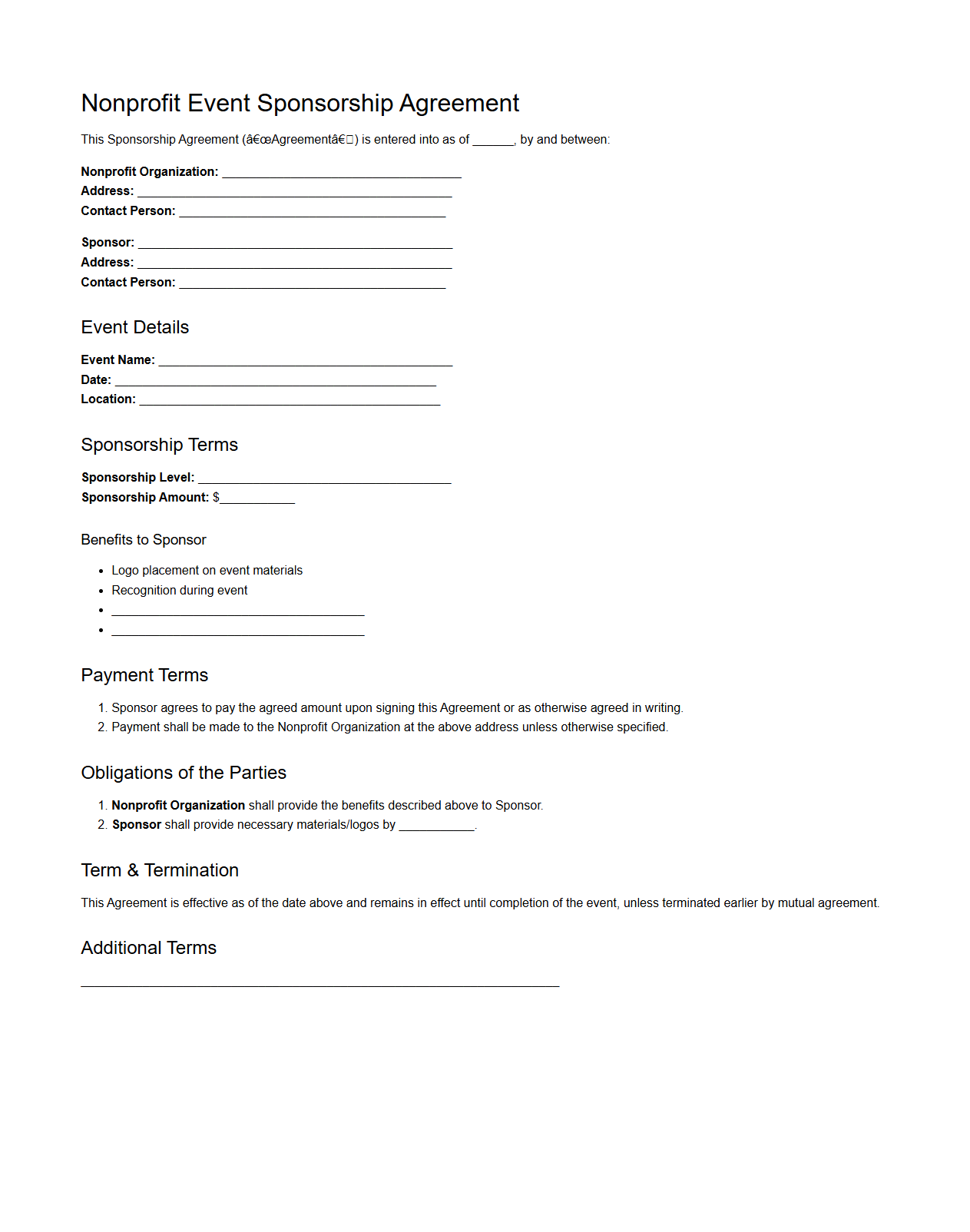 Nonprofit Event Sponsorship Agreement Template