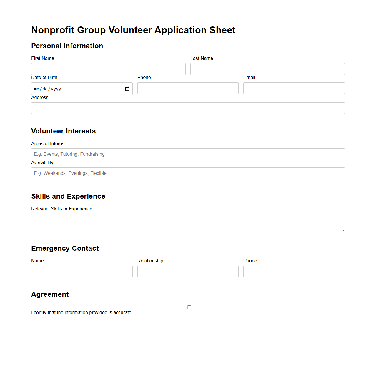 Nonprofit Group Volunteer Application Sheet