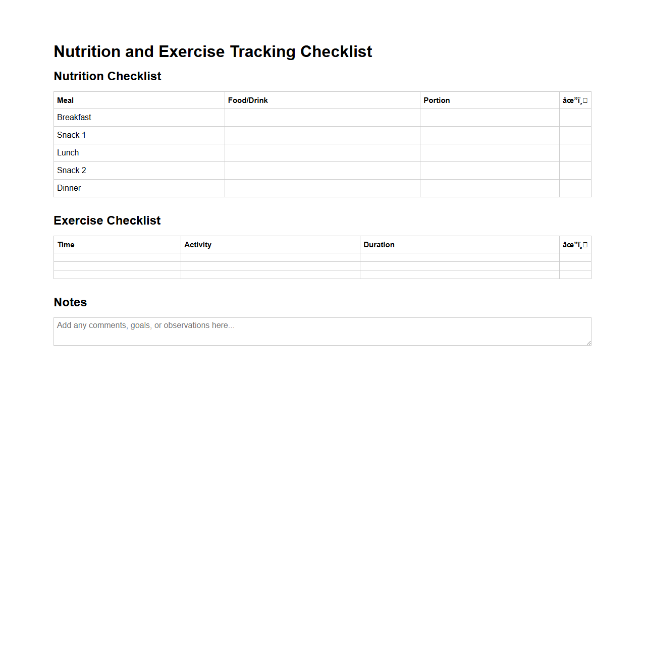Nutrition and Exercise Tracking Checklist Template