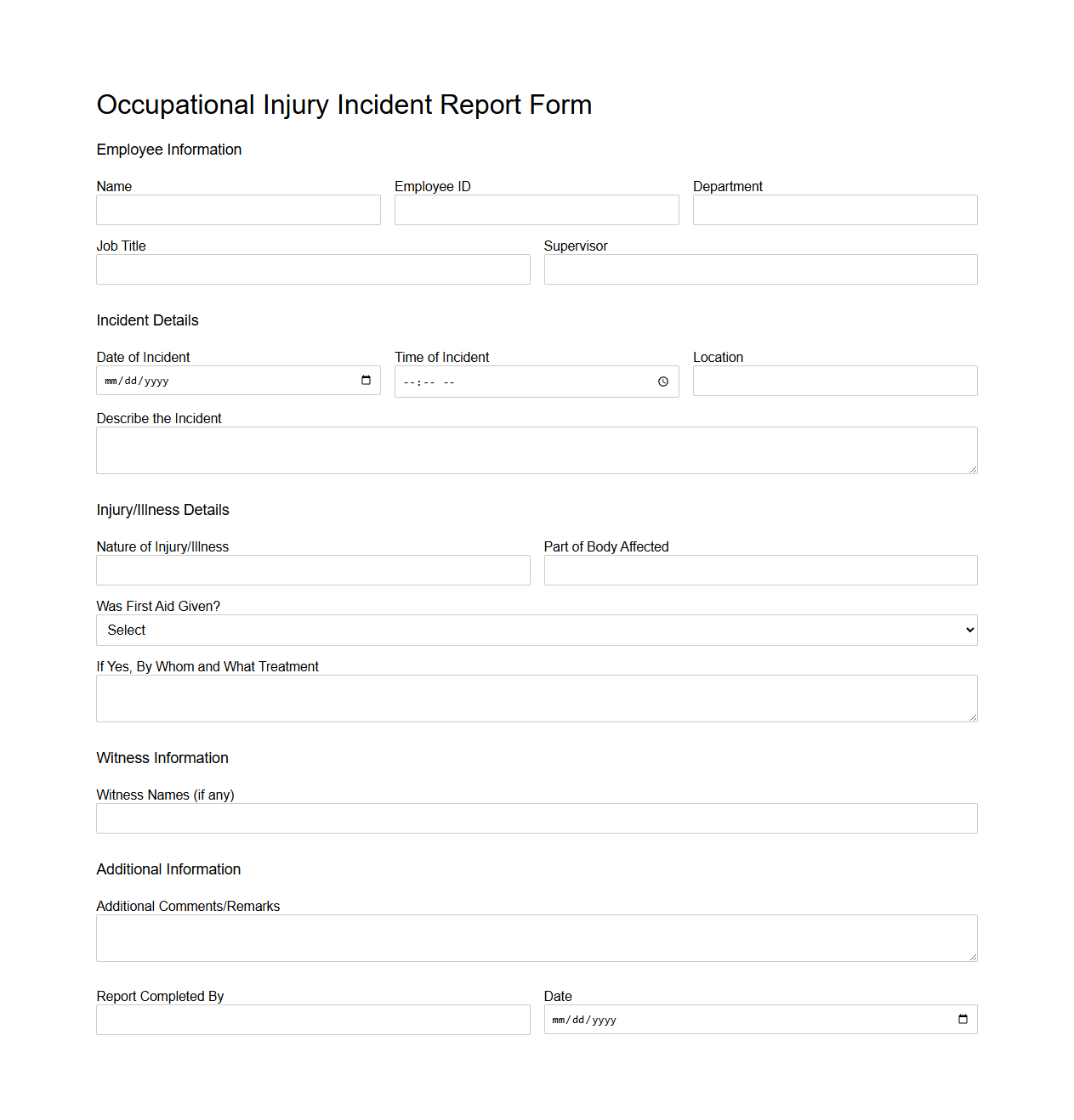 Occupational Injury Incident Report Form