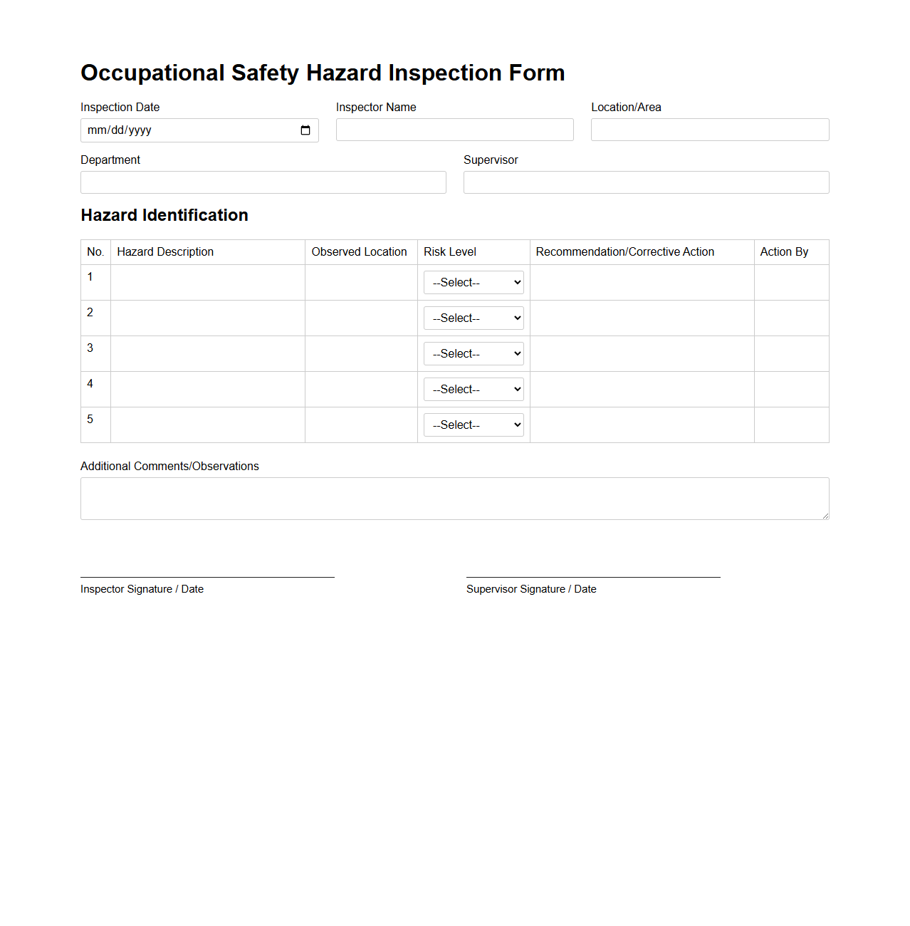 Occupational Safety Hazard Inspection Form