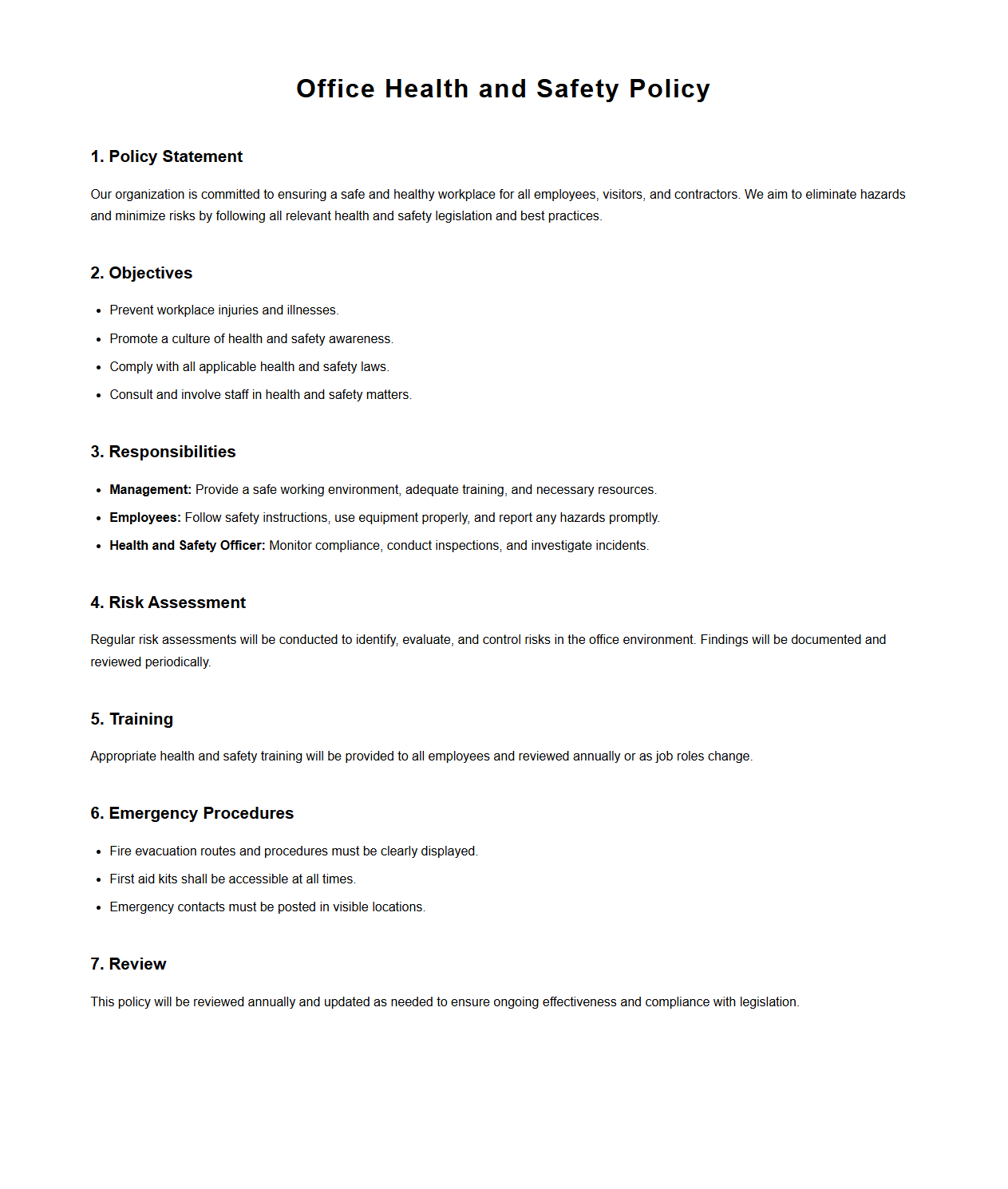 Office Health and Safety Policy Format